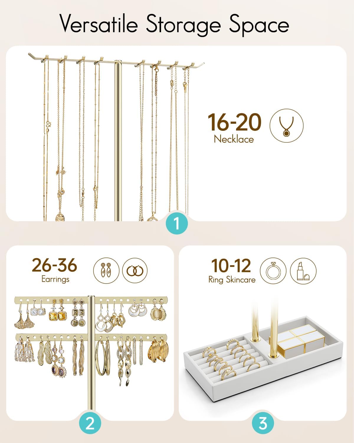 VLANDO 2 Tier Jewelry Stand Organizer with Tary, Leather Jewelry Holder Display for Women, Gold Jewlery Holder Stand for Necklace, Earring, Bracelet, Rings - White - Image 2