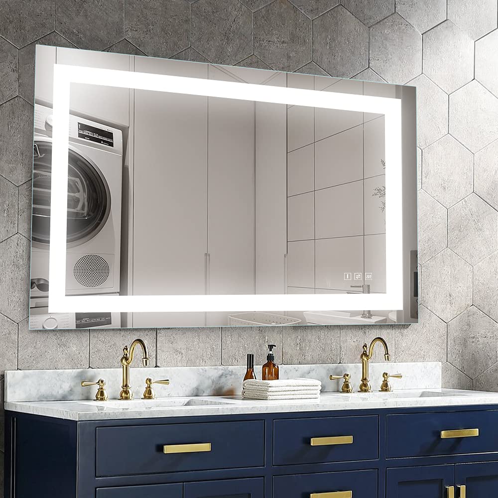 HAUSCHEN HOME 48x36 inch LED Lighted Vanity Bathroom Mirror, Wall Mounted + Anti Fog & Dimmer Touch Switch + IP44 Waterproof + 5500K Cool White +3000K Warm + CRI>95 + Vertical&Horizontal