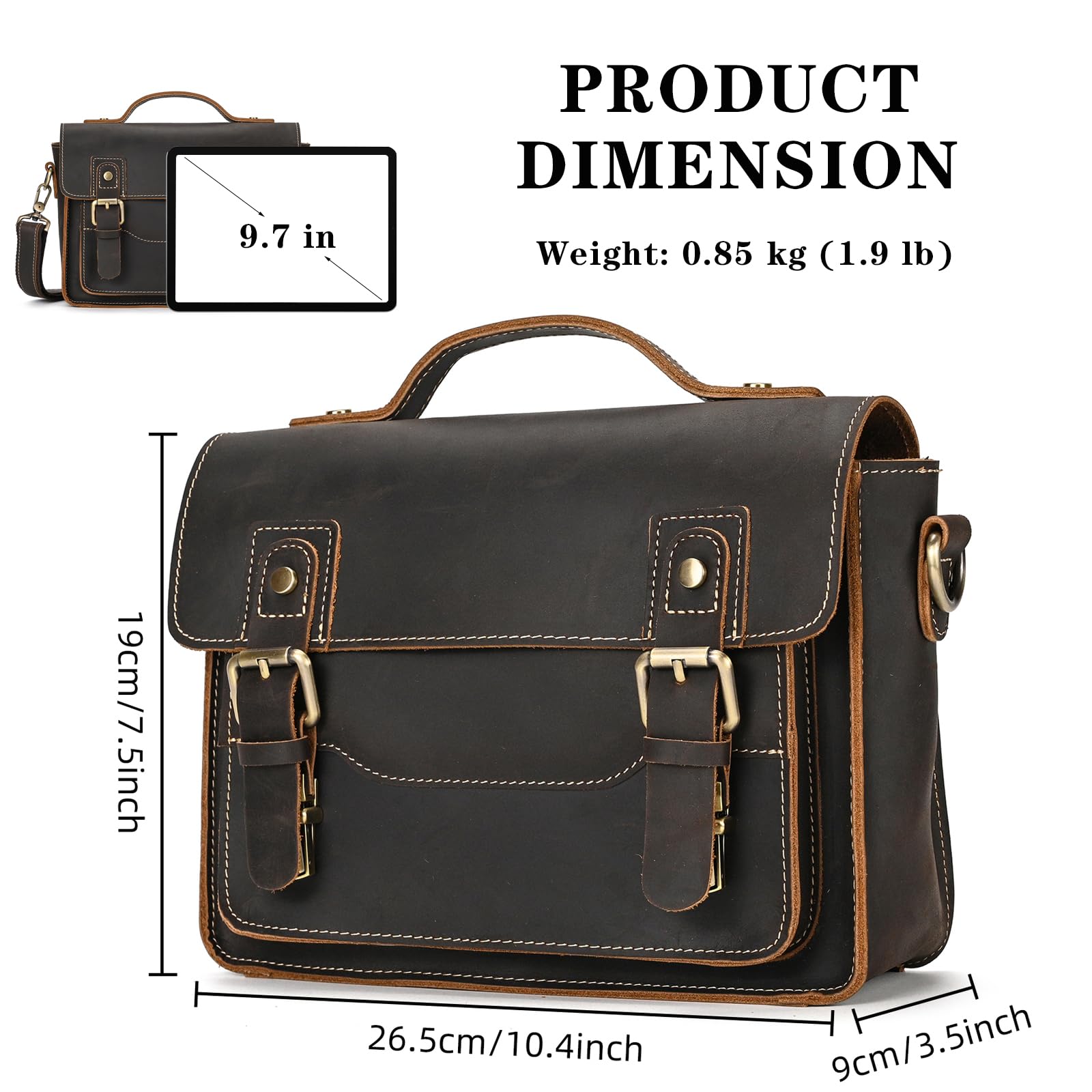 Bolso bandolera de piel auténtica para portátil de hasta 9,7 pulgadas con correa para el hombro, bolso de trabajo, bolso de mano, 9505 marrón oscuro, 9505 Marrón Oscuro