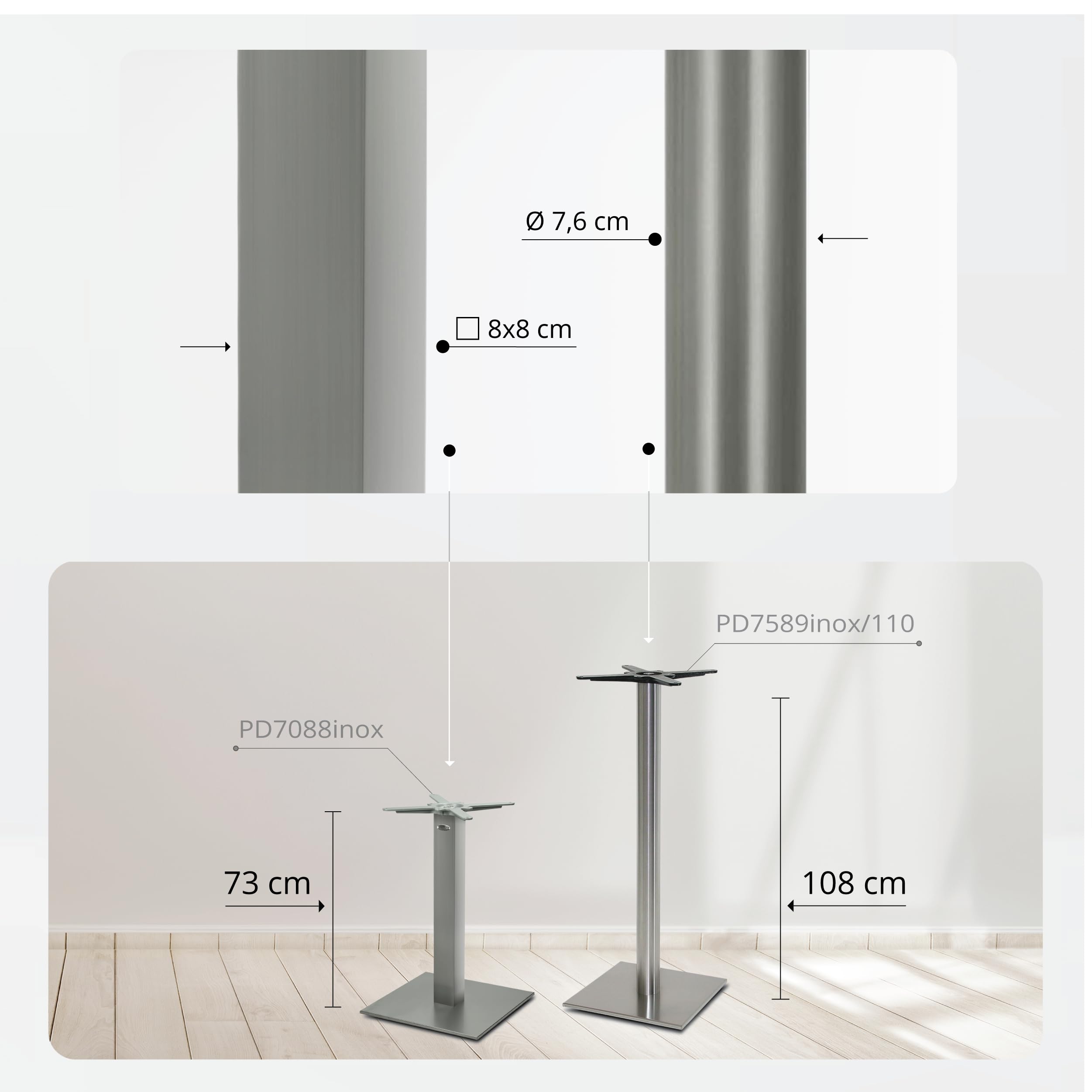 Tischgestell Tischbein Edelstahl | Premium | PD7088inox | INOX | Esstisch | Höhe 73 cm | 21,5 kg | Bodenplatte 45x45 cm | max. Tischplattengröße 90x90 / Ø 110 cm