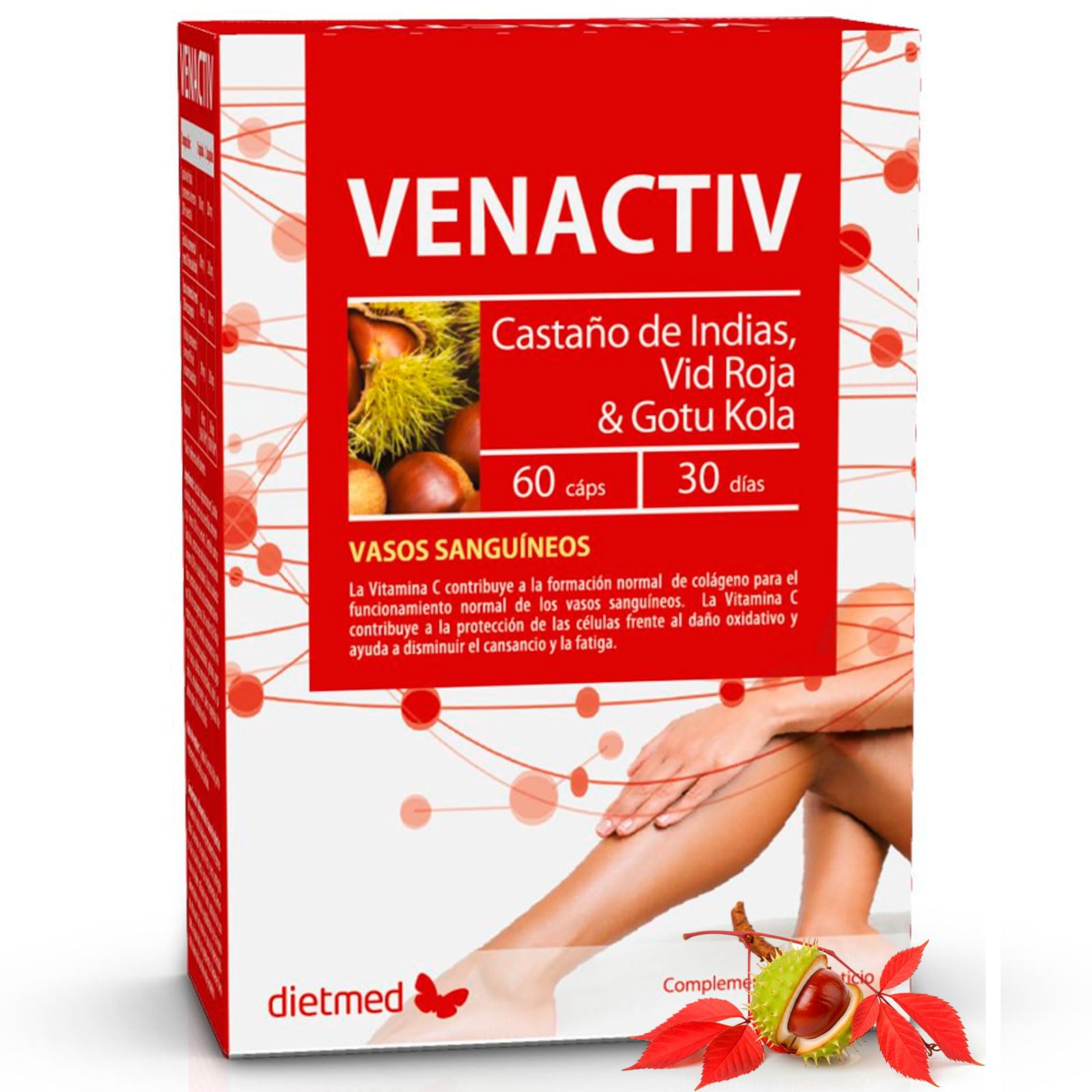 Circulación y Piernas Ligeras con Castaño de Indias, Vid Roja y Gotu Kola - Apoyo a los Vasos Sanguíneos y Bienestar Circulatorio - Con Rusco y Vitamina C Antioxidante - 60 Cápsulas - DietMed