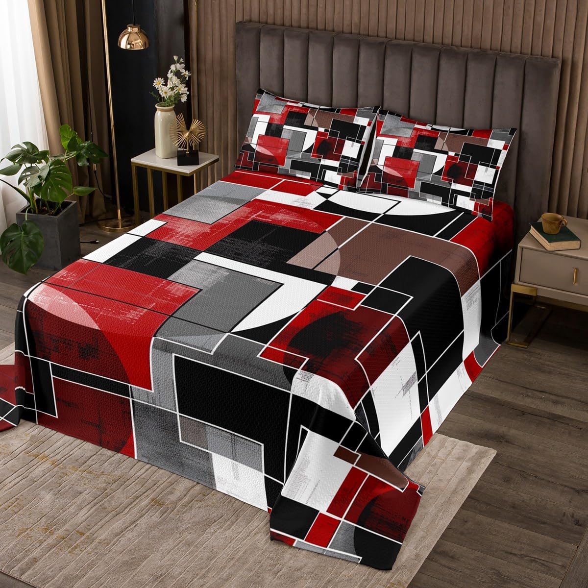 jejeloiu Boys Girls Red Black Geometry Quilted Coverlet Queen Size, Grey Plaid Coverlet Set Modern Art Bedspread Kids Teens Bedroom Decor with 2 Pillow Case