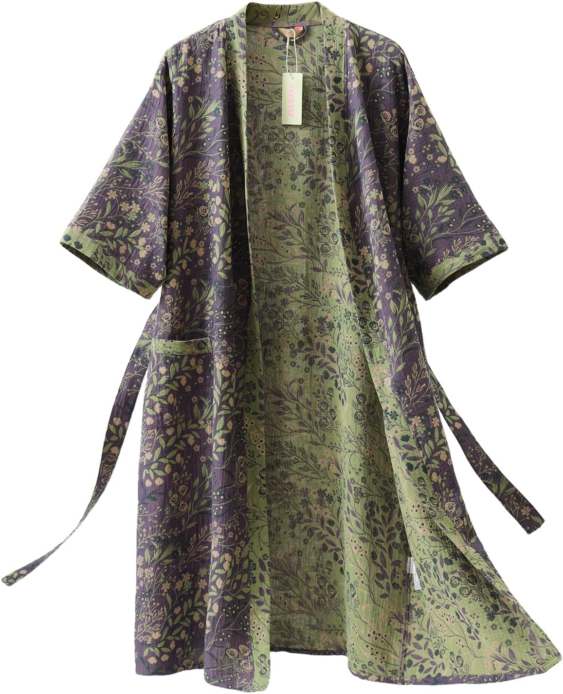 Women's Cotton Gauze Kimono Robe Floral Jacquard Bathrobe Loose Fit Loungewear with Pockets Soft Breathable Sleepwear