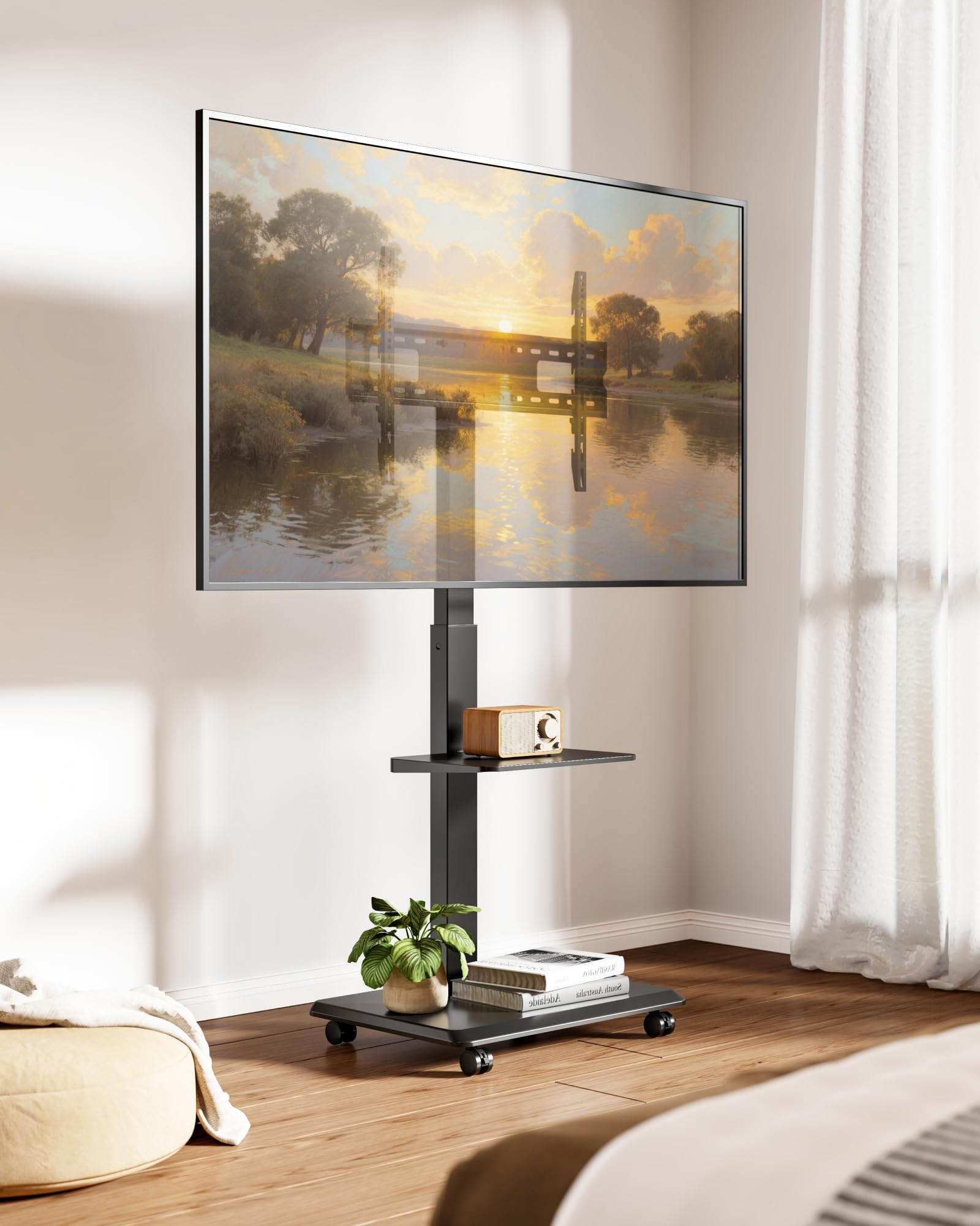 TV Ständer Rollbar aus Stahl für 37-75 Zoll Fernseher bis zu 50kg, Schwenkbar Fernsehständer Höhenverstellbarer mit Ablage, TV Bodenständer mit Versteckter Kabelverwaltung, VESA 600 x 400mm