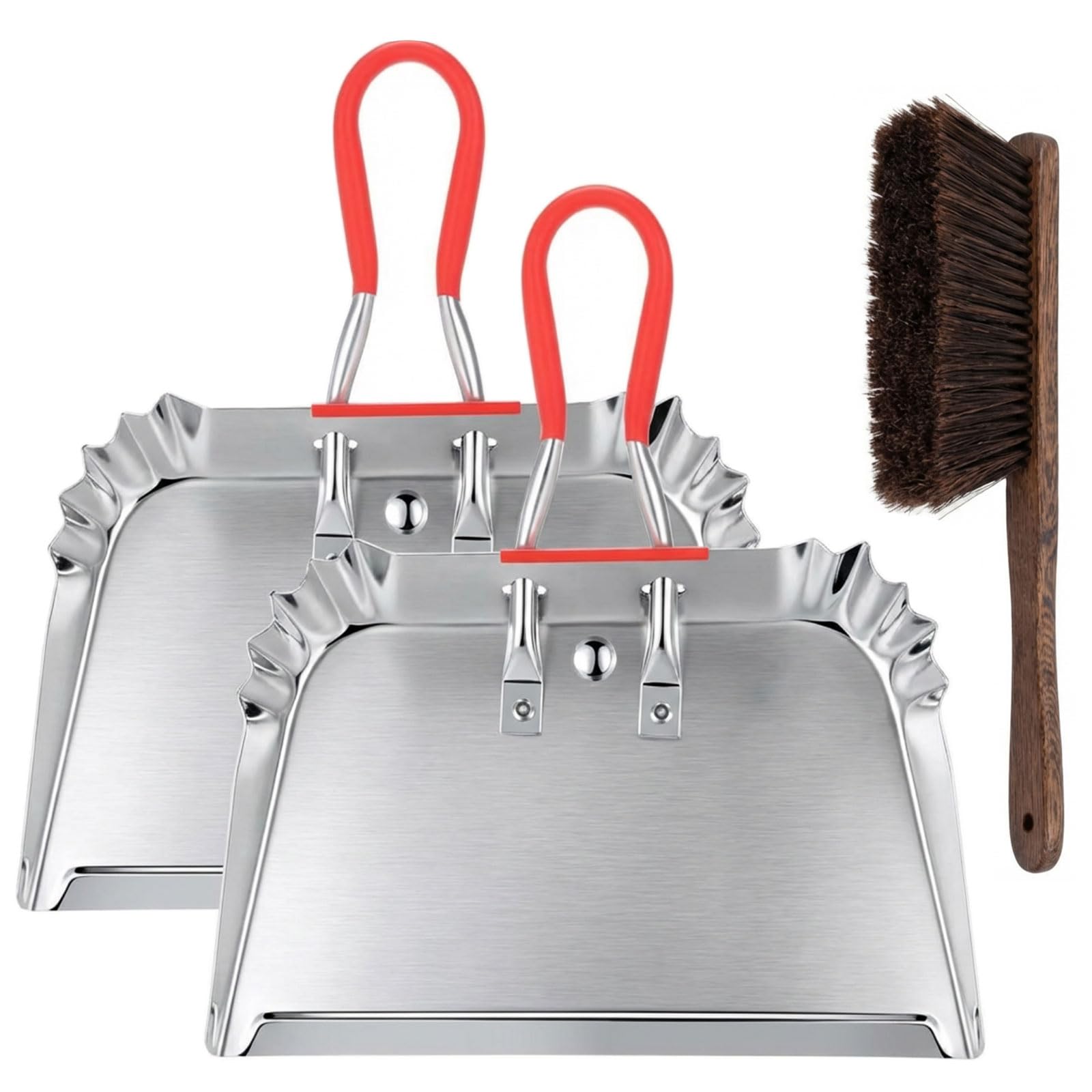 2 Metal Dustpans with Hand Brush, 17 Inch Heavy Duty Cleaning Set, Sliver