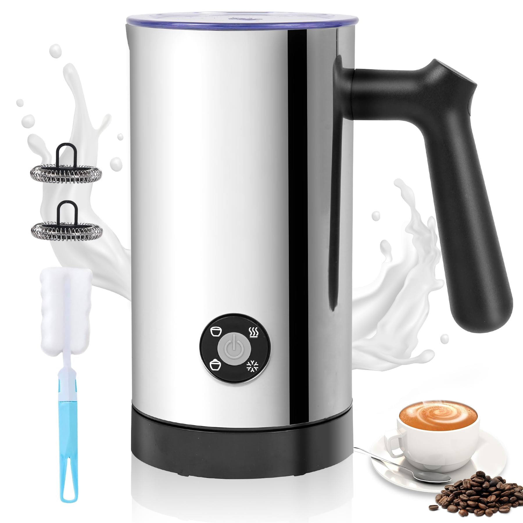 Mousseur à Lait Électrique 4 en 1 avec Chauffe Lait et Mousse Chaude Froide, Commande par Boutons, Carafe en Acier Inoxydable à Nettoyage Facile pour Café Latte Cappuccino