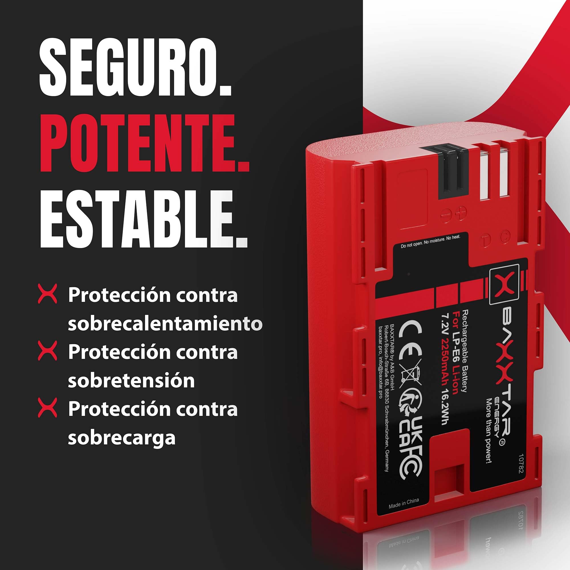 Baxxtar LP-E6 Batería 2250mAh 16,2Wh 7,2V Compatible con Canon EOS 5D Mark II III IV 5DS R R5 6D 7D 60D 60Da 70D 80D 90D XC10 XC15 5 6 7 60 70 80 90 D XC 10 15 WFT-E5 E7 LPE6 LP E6
