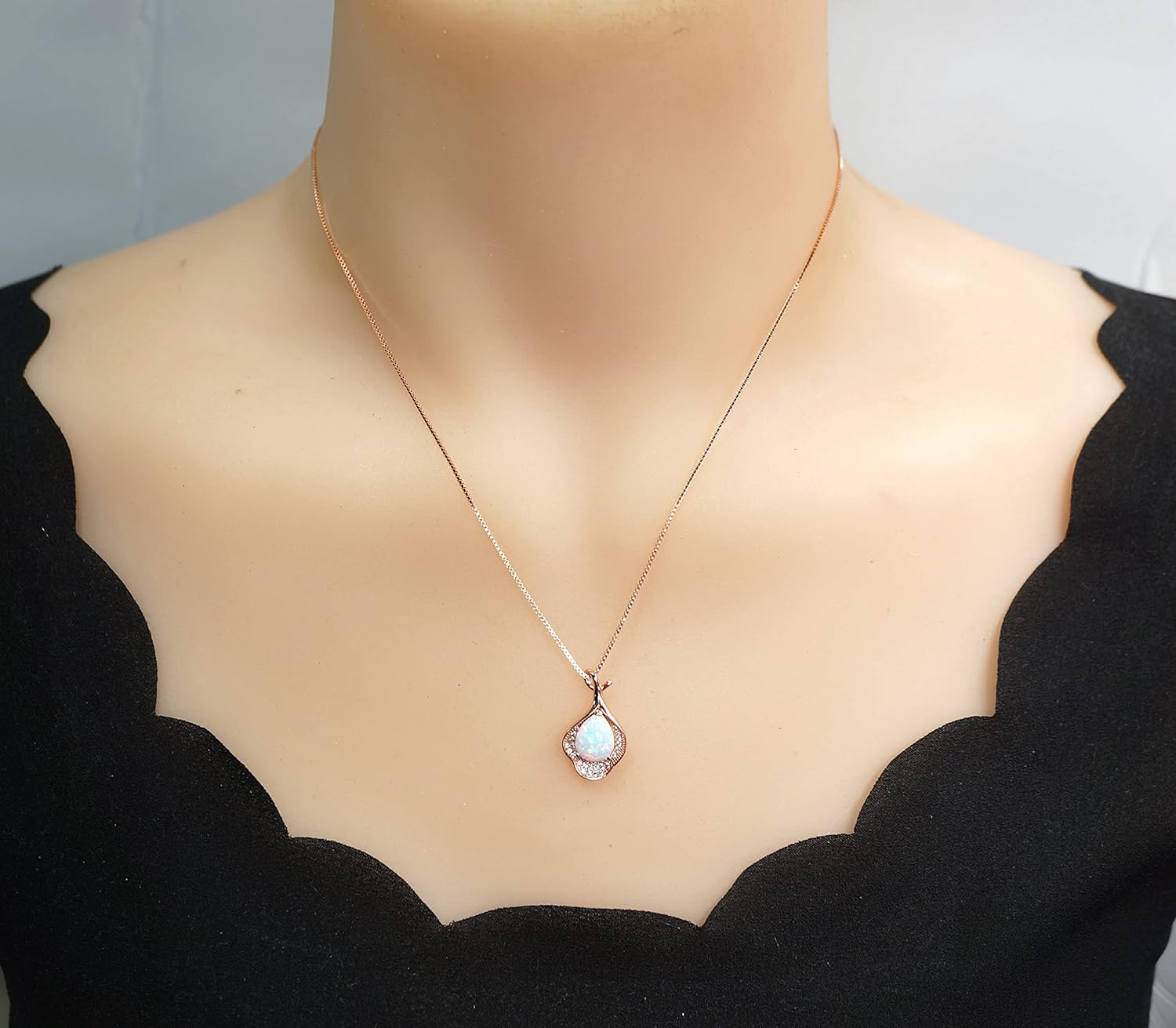 Fire Opal Necklace - Rose gold @ Sterling Silver Teardrop Opal Pendant Simple Petal Flower Pendant - Image 5
