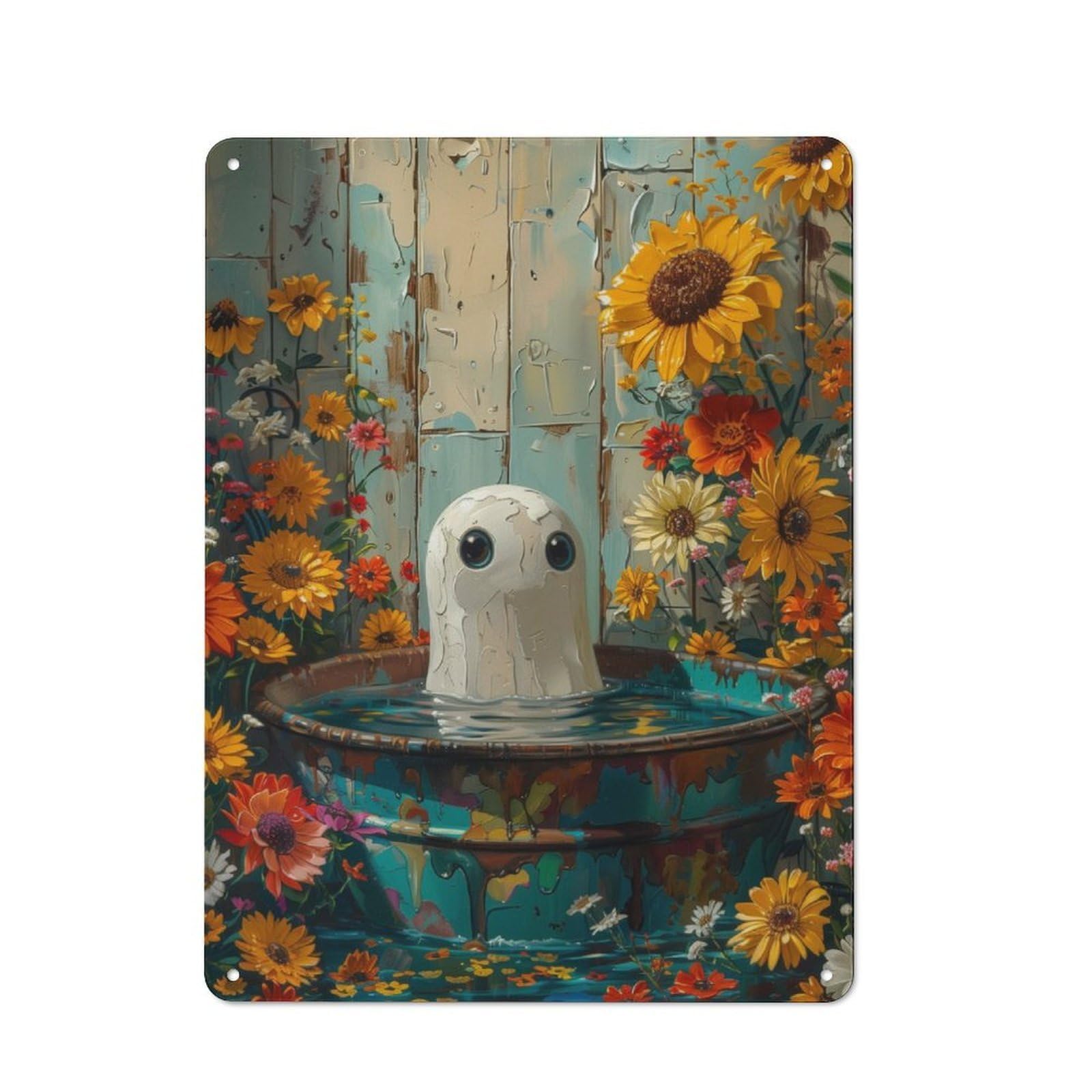 Junmoney Ghost In A Flower Bath Metal Plaque 40X30cm With For Pub Or Café, Rustic Decor, For Garage, Workshop And Man Cave Decoration