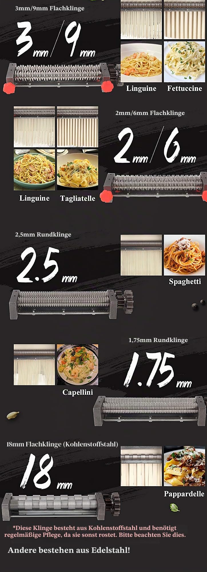 Hanchen elektrische Nudelmaschine automatischer Nudelschneider Edelstahl Pastamaschine Nudel Zubehör 550W | einstellbare Dicke und Breite | Spaghetti Fettuccine Pappardelle