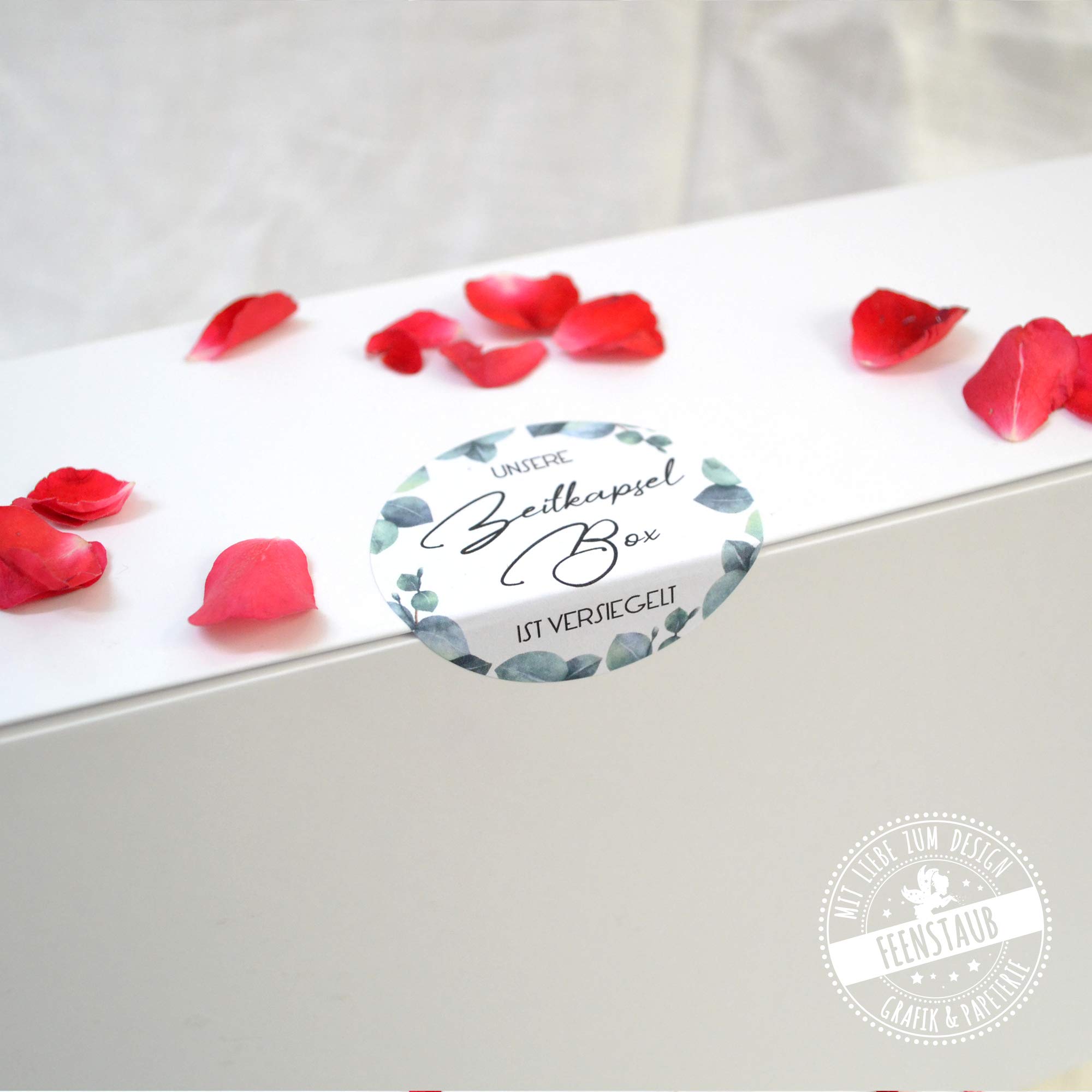 Feenstaub Zeitkapsel-Box Hochzeit mit Karten zum Ausfüllen für Gäste und Brautpaar, Geschenk, personalisierbare Box, Zeitkapsel Hochzeit, Gästekarten Hochzeit, Zeitkapsel Karten Hochzeit Eukalyptus