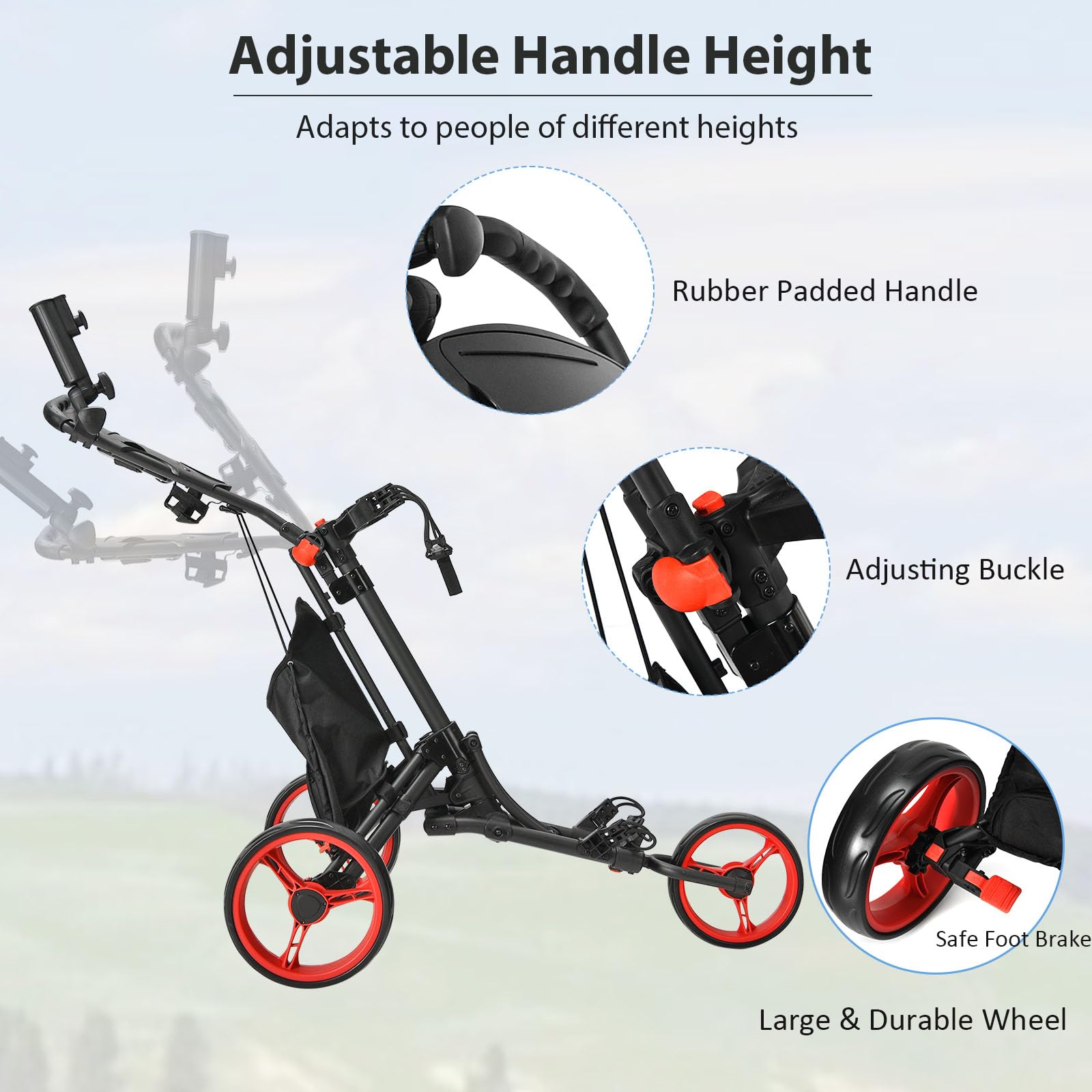 LIFEZEAL Carrito de Golf Plegable 3 Ruedas con Freno de Pie, Altura Ajustable, Paragüero, Portabotellas y Bolsa