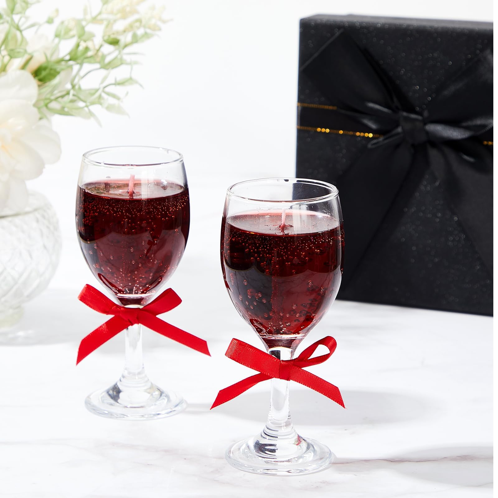 out ワインレッド❁ キャンドル Mini Wine Glass Jar Candle Set with Red Ribbon, Decorative Gift