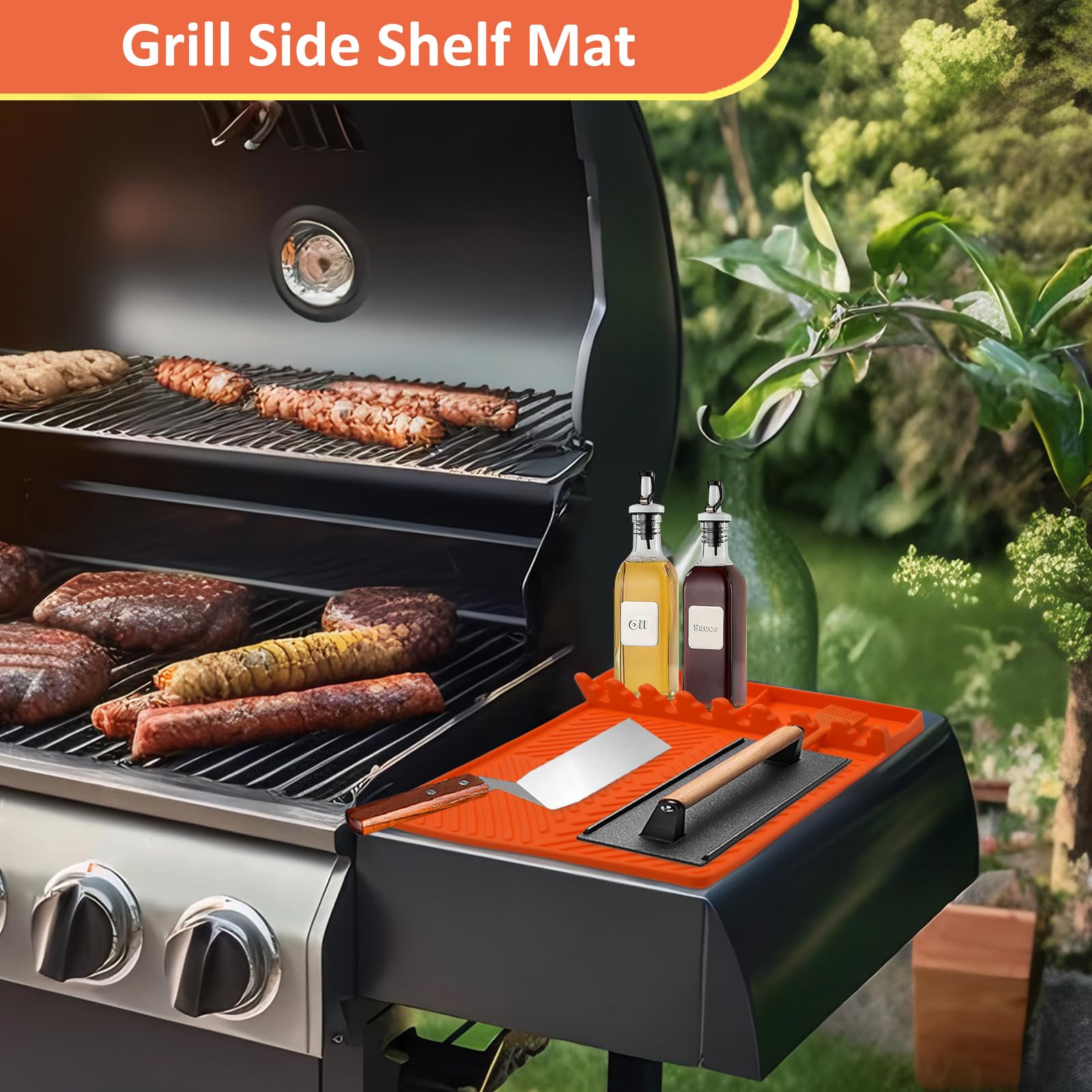 Estera para Barbacoa Mesas Laterales, Alfombrilla de Espátula de Silicona, Soporte para Utensilios de Parrilla, Estera de Drenaje para Cocina, Estufa y Encimera, Naranja