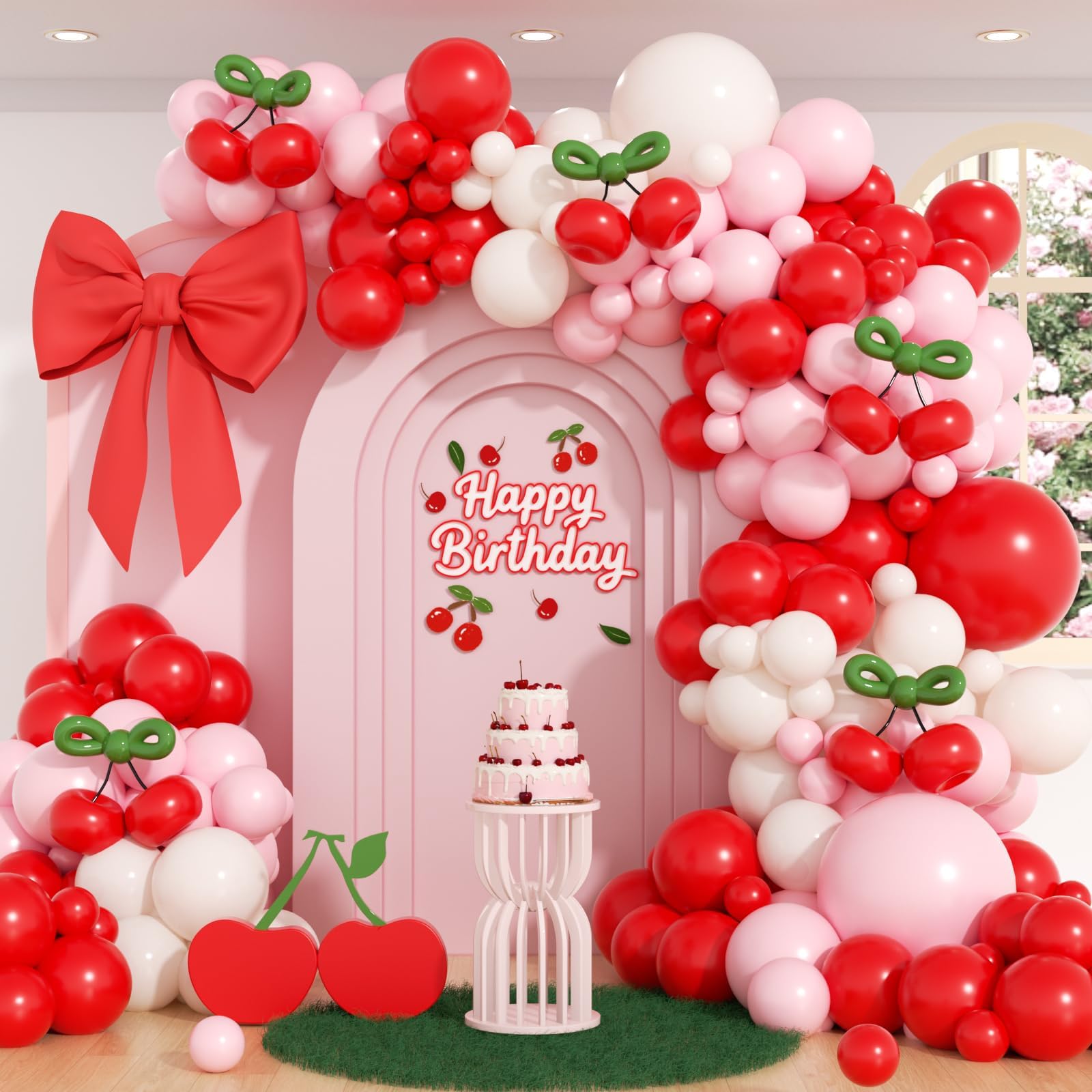 Pink and Red Balloon Arch Kit with Red Light Pink Sand White Green Long Balloons for Baby Shower Birthday Party Decorations