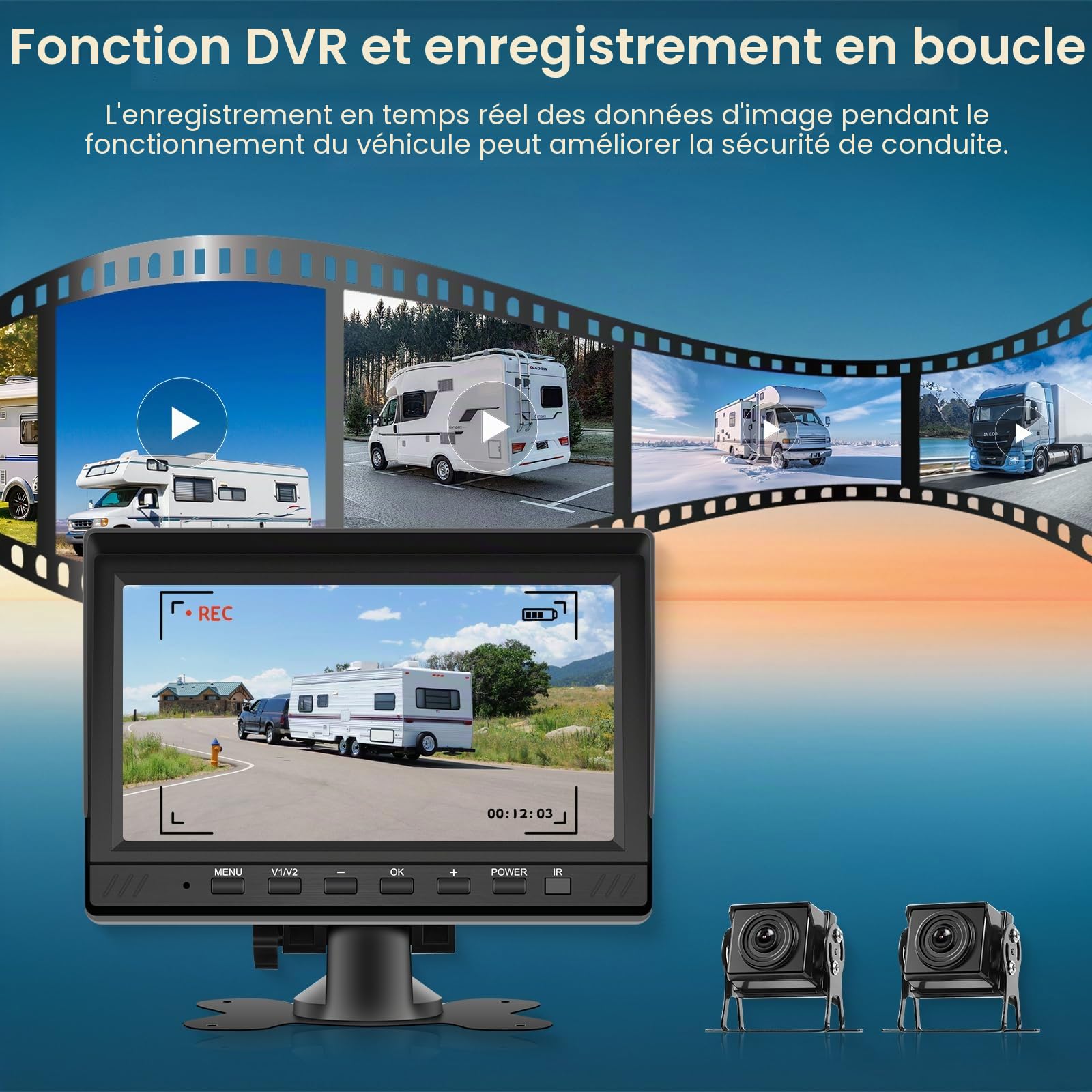 Hodozzy Caméra de Recul Kit, Ecran 7 Pouces HD Moniteur Filaire avec 2 Cameras Etanches Vision Nocturne Double Camera de Recul pour Voiture Filaire avec DVR pour Camion/Fourgon/Camping Car/Remorque