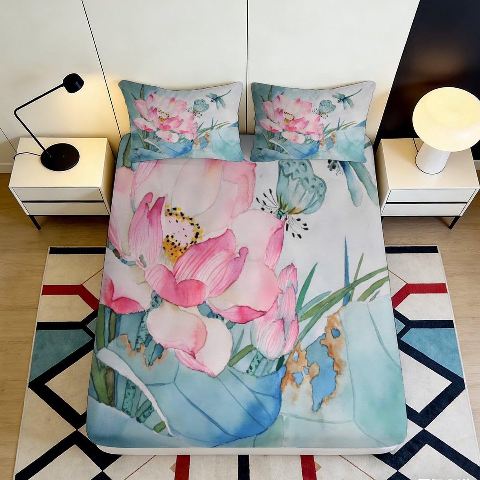 3D Printed Watercolor Lotus Fitted Sheet Microfiber Soft Floral Koi Mattress Cover Bedroom Decor Anti-Slip Washable 90x200x25cm