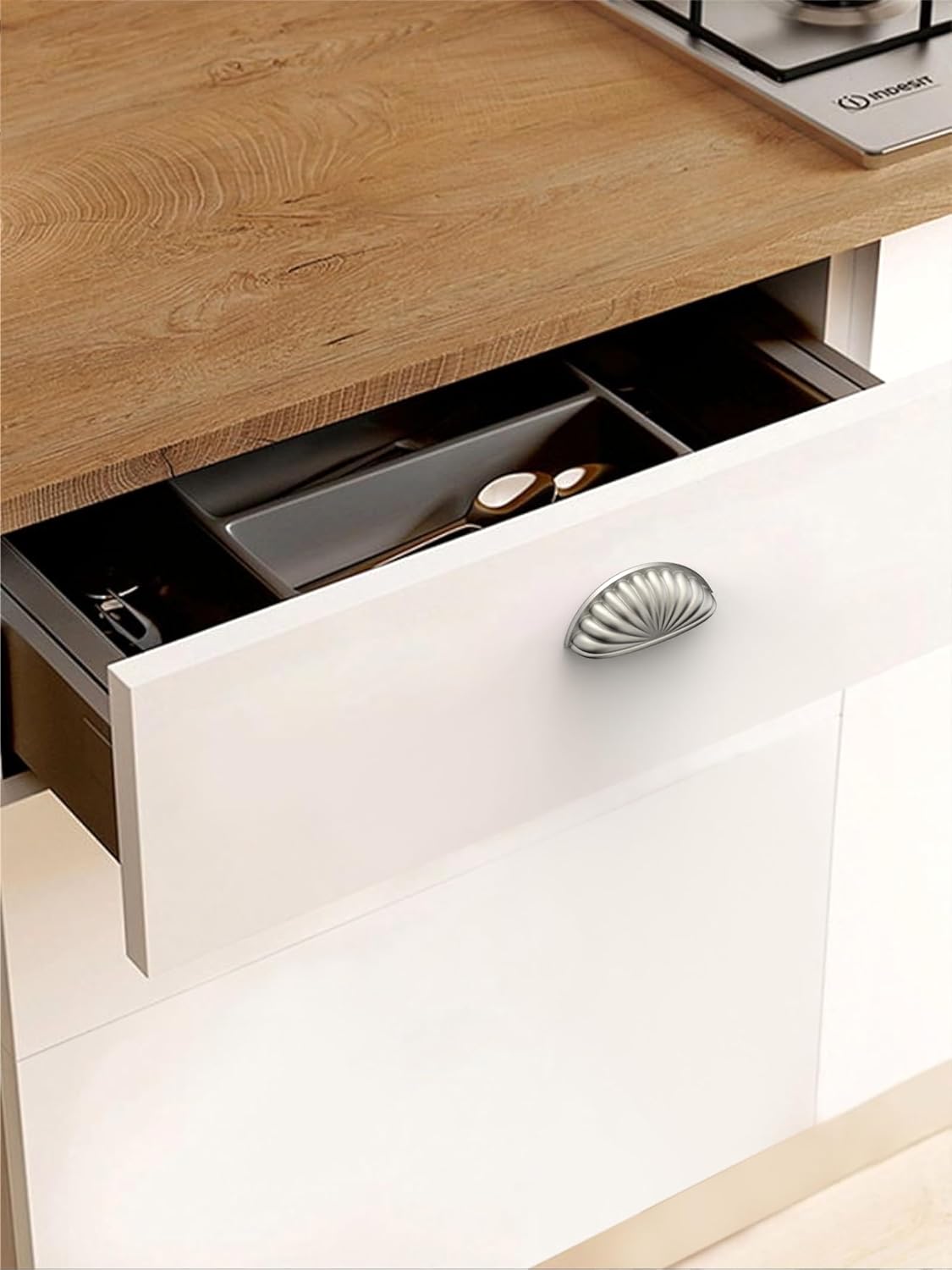 Alzassbg 10 Pack Brushed Satin Nickel Cabinet Cup Pulls, 3 Inch(76mm) Hole Centers Cabinet Handles Hardware Shell Bin Cup Drawer Pulls Handles AL3036SN