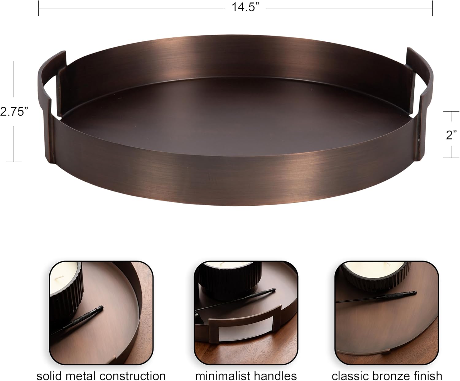 Kate and Laurel Myo Transitional Metal Round Tray; 15 Inch Diameter; Bronze; Modern Glam Circular Decorative Serving Tray with Handles for Use as Living Room Ottoman Table or Entryway Tray Decor