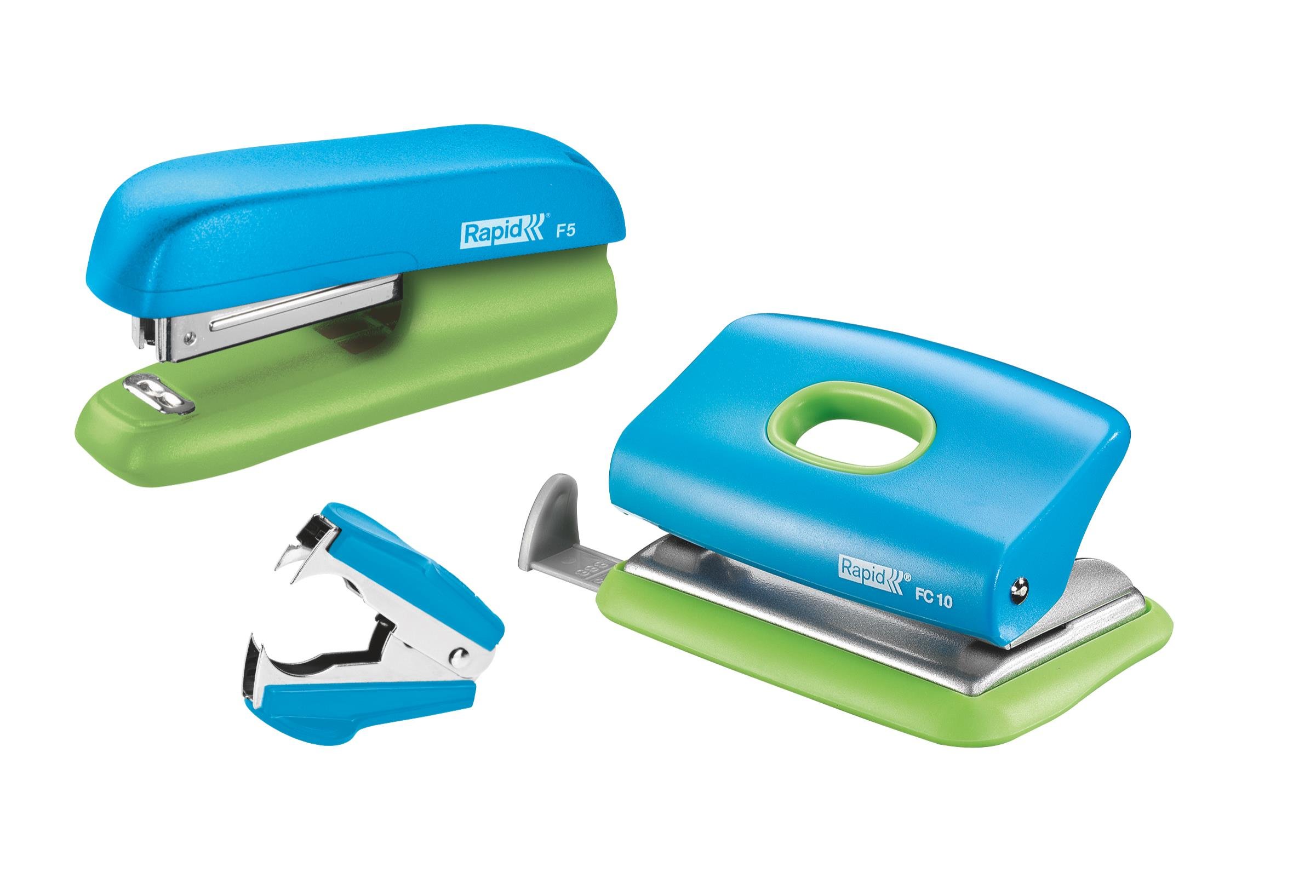 Rapid F5 Mini Stapler, FC10 Hole Punch and Staple Remover Set, 10 Sheet Capacity, Staples Included, Metal and Plastic, Blue/Green, 5000370