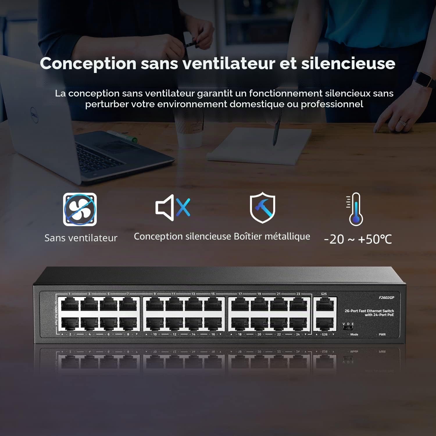 YuLinca 24 Port PoE Switch, 10/100Mbps PoE+ Ports, 2 Gigabit Ethernet Uplink, IEEE802.3af/at, Max 300W, VLAN & PoE Extend 250m, RackMount Fanless Unmanaged Ethernet Switch