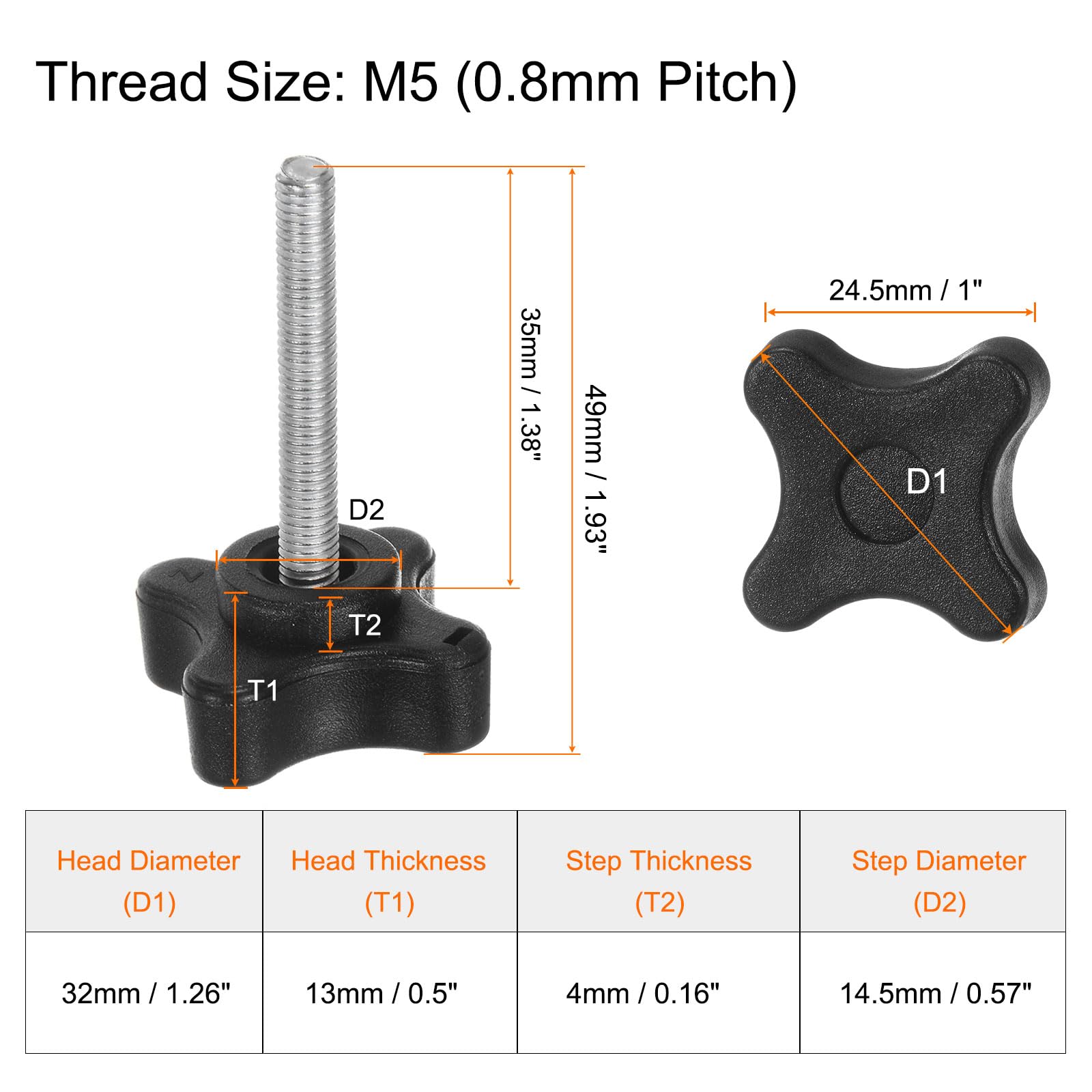 HARFINGTON 2pcs Star Clamping Knobs M5 x 35mm Metric Male Thread 32mm 4-Point Plastic Head Threaded Stud Knob Hand Tightening Thumb Screw Jig Handle, Black