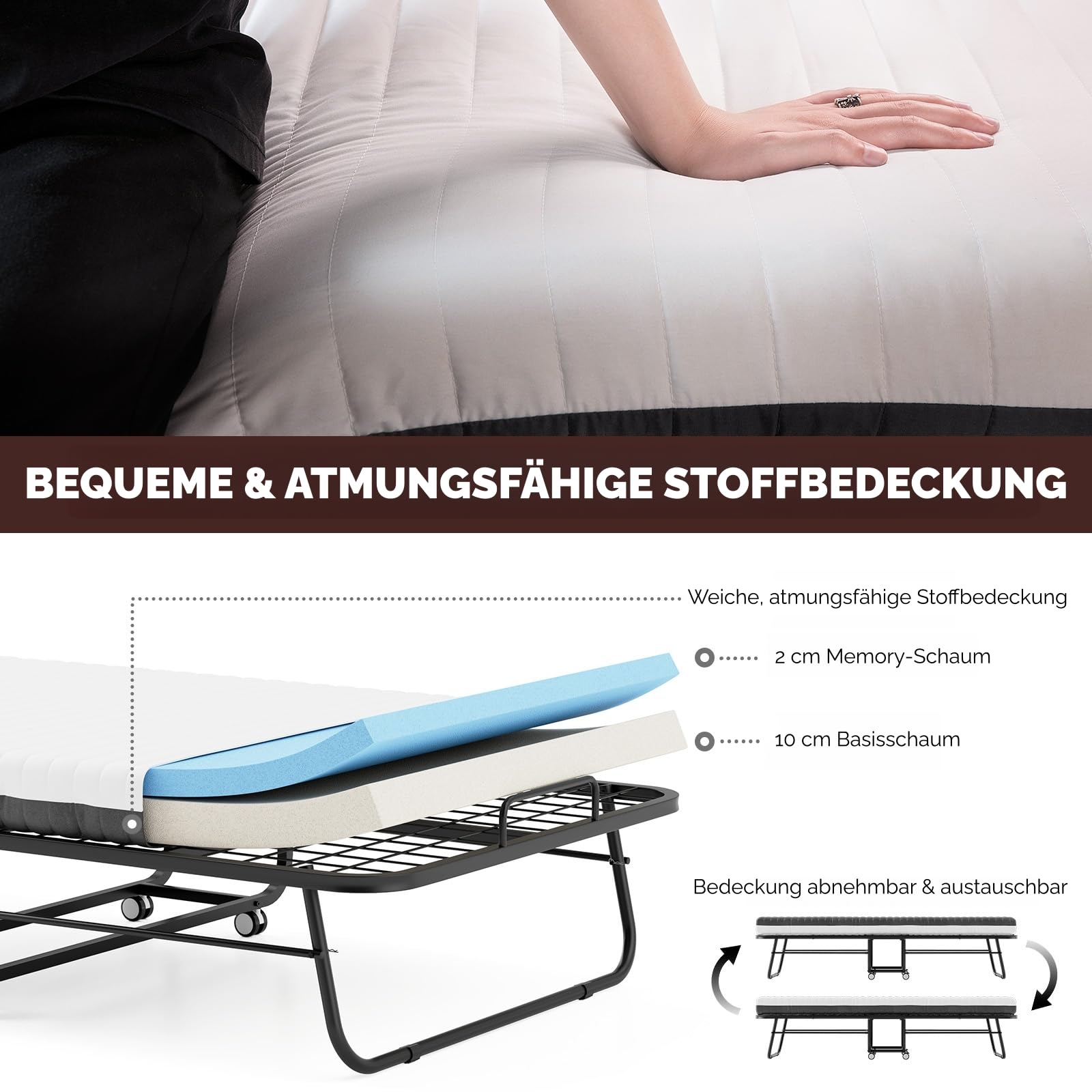 Klappbett 80x190 cm Erwachsene mit ca.13 cm Matratze aus Gedächtnisschaum Gästebett Klappbar Metallrahmen Klappbetten mit Rollen Reisebett Faltbares Metallbett Stabil bis 210 kg belastbar