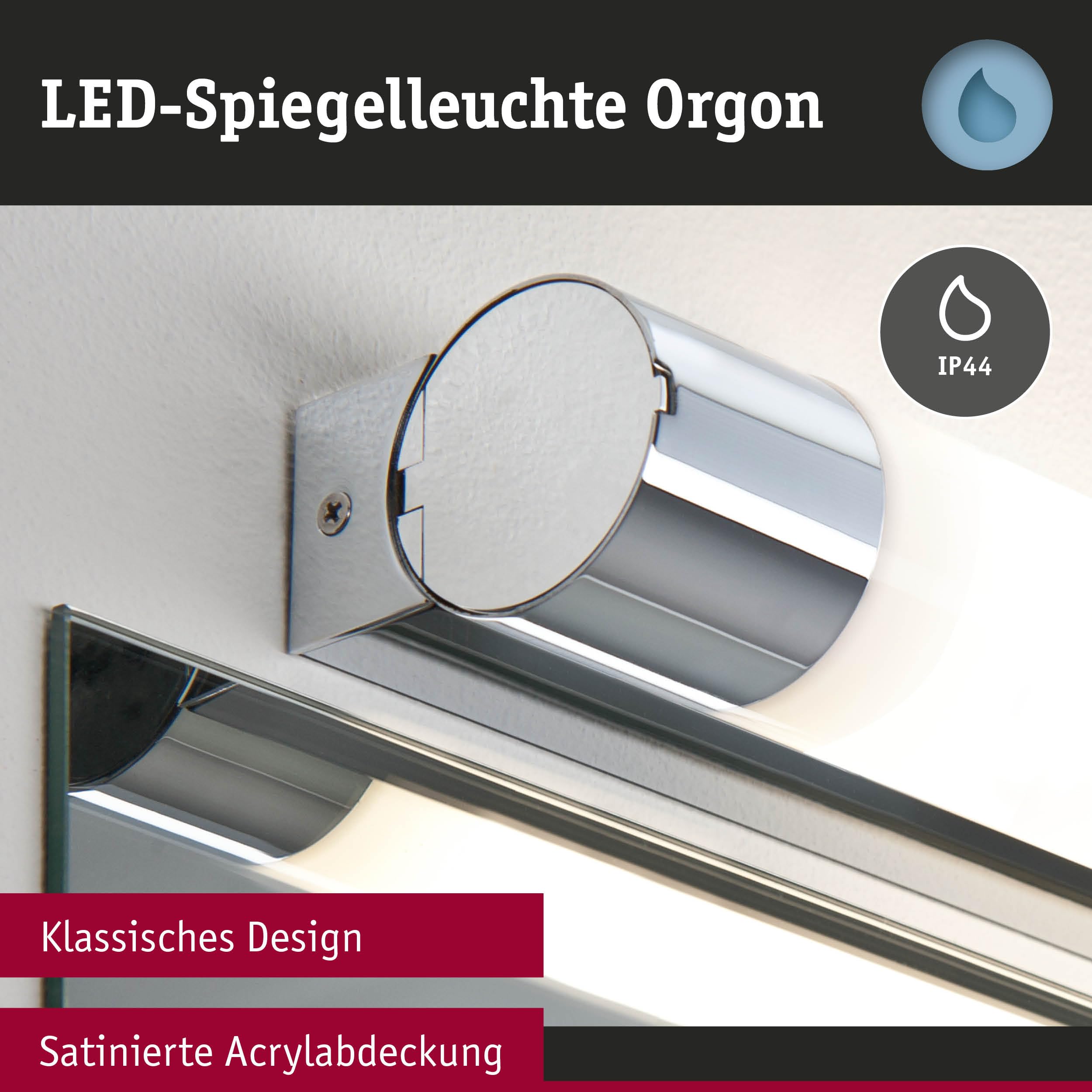 Paulmann 79713 LED Deckenleuchte Spiegelleuchte Orgon incl. 1x10,5 Watt IP44 Deckenlampe Chrom, Weiß Wohnzimmerlampe Metall, Acryl Flurlampe 3000 K