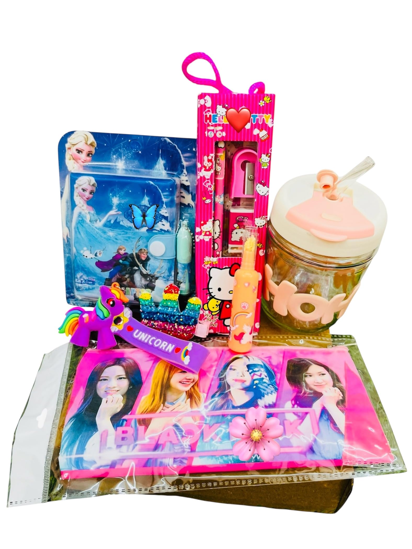 Rakhi Hamper for Sisters Including- Cute Glass Sipper with Glass Straw, Diary Pen Set, Stationery Gift Set, Unicorn Keychain, Pouch, Hairclip. Rakhi Gift Combo fo Girls with Cute Goodies-image-11