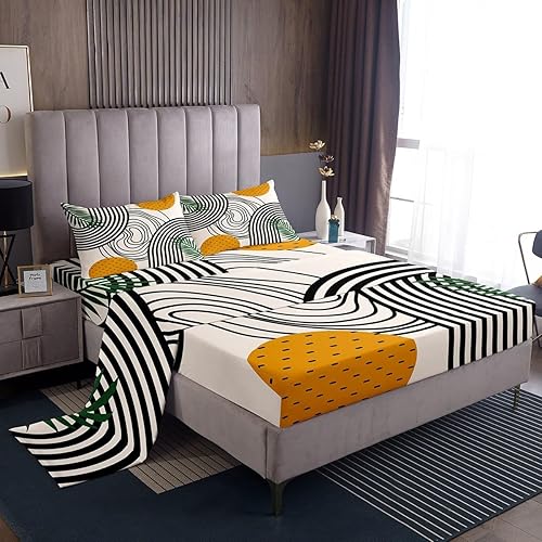 Erosebridal Juego de sábanas modernas de tamaño Queen con diseño abstracto, color naranja, negro y blanco, juego de sábanas estéticas retro