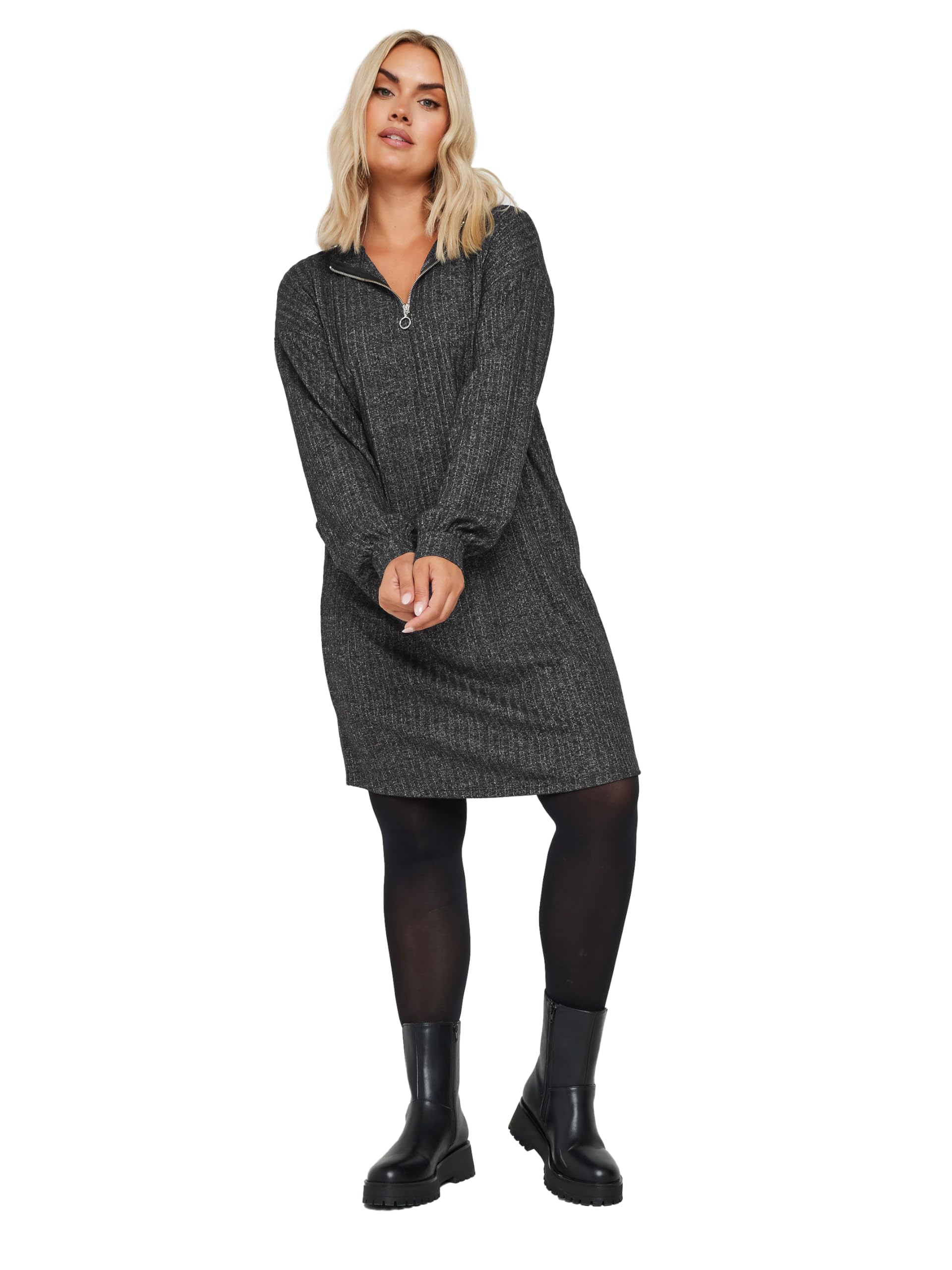 Yours Women's Quarter Zip Knitted Jumper Dress in Dark Grey | Size: 26-28