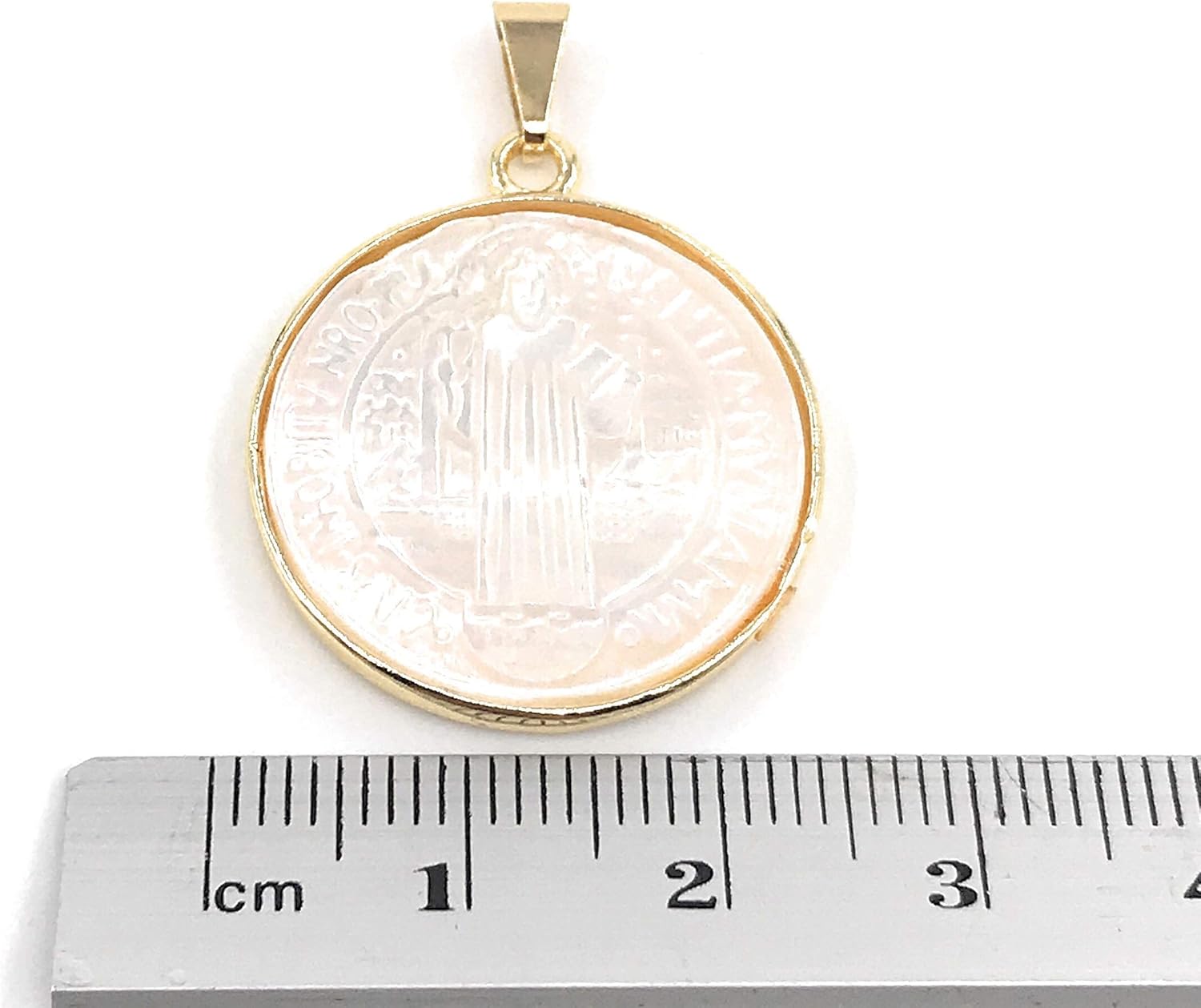 SIFRIMANIA Mother of Pearl Saint Benedict Medal Pendant, 1 Inch Gold Tone Religious Charm, Carved Front with Plain Back, No Chain Included - Image 6