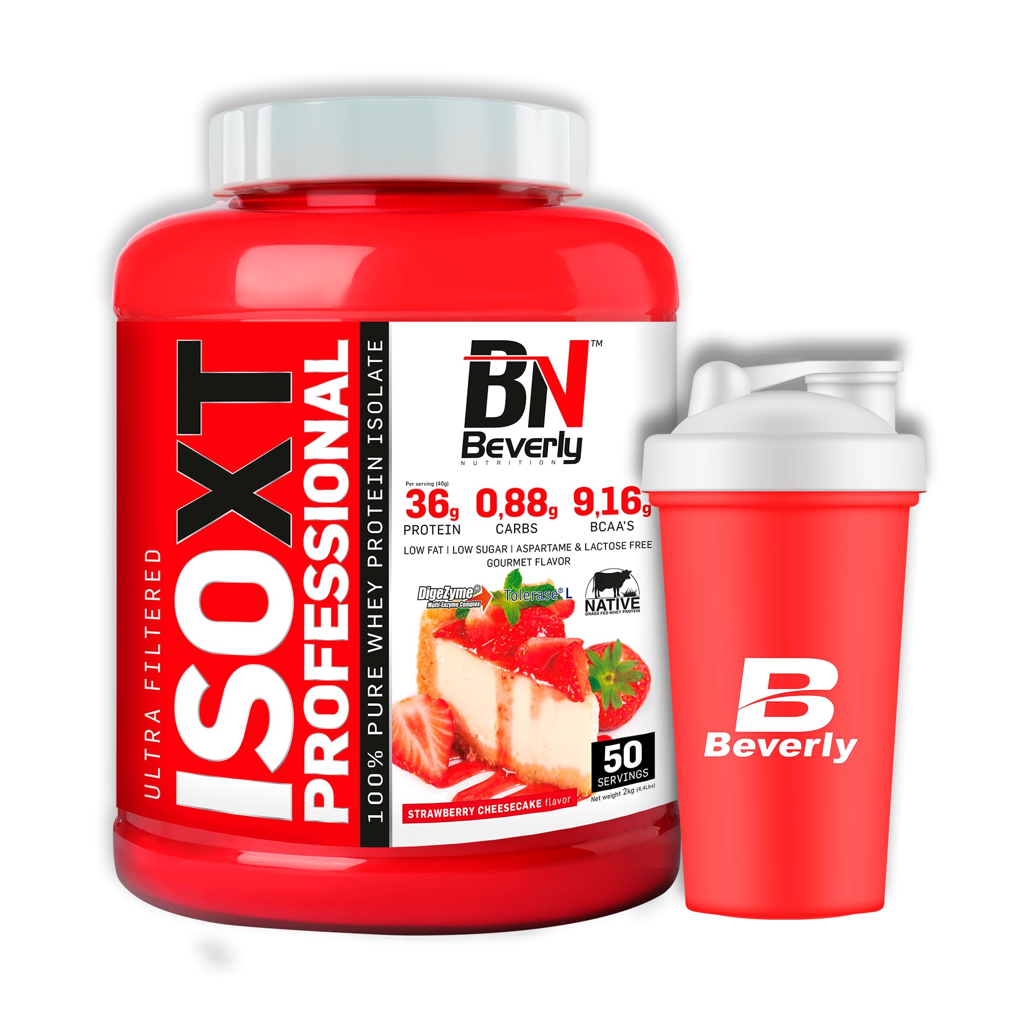 BeverlyIso XT Professional | Whey Isolate Protein | 2kg | Strawberry Cheesecake | Muscle Mass & Strength Gain | Free Mixer