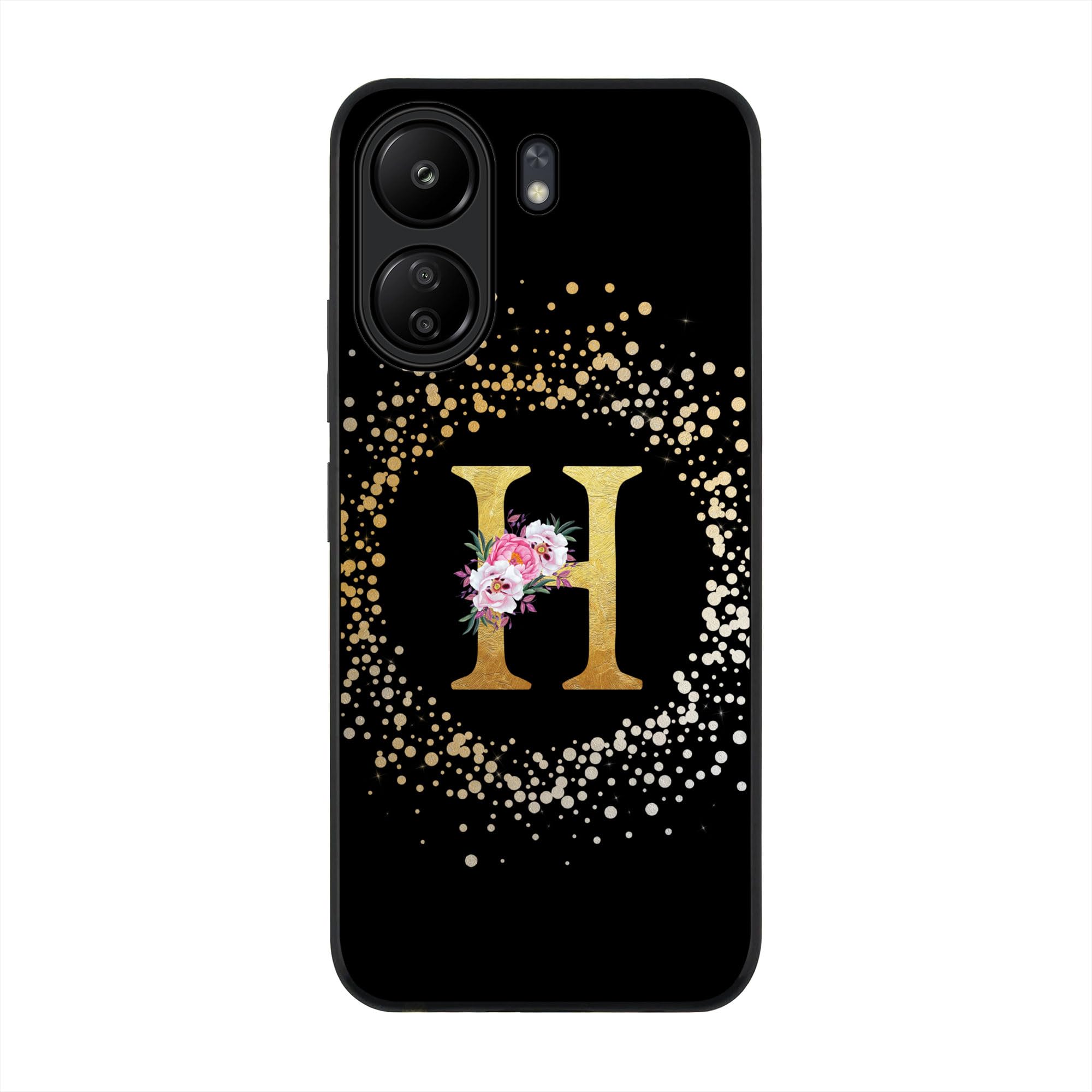 Stylizedd Rugged Black edge case for Xiaomi Poco C65, Slim fit Soft Case Flexible Rubber Edges Anti Drop TPU Gel Thin Cover - Custom Monogram Initial Letter Floral Pattern Alphabet- H (Black)