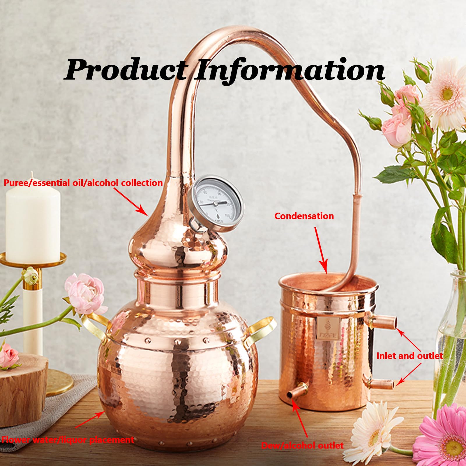 Alambique de Cobre Puro 3L,Kit de Destilacion Casero, Kit de Destilacion Casero DIY con Termometro, para Whiskey, Moonshine,Aceites Esenciales,Hidrosoles,Etc