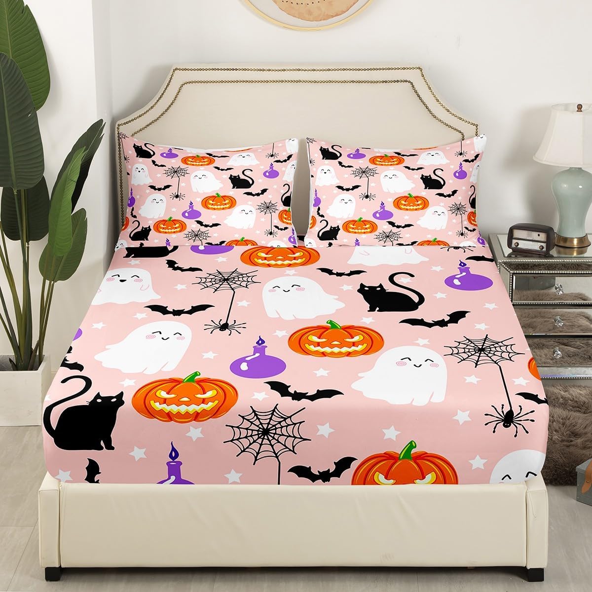 Feelyou Halloween Pumpkin Fitted Sheet Girls Holloween Sheets Set for Kids Boys Kawaii Ghost Cats Twin Size Bedding Set Decoration Girly Pink Bed Sheet Set Collection