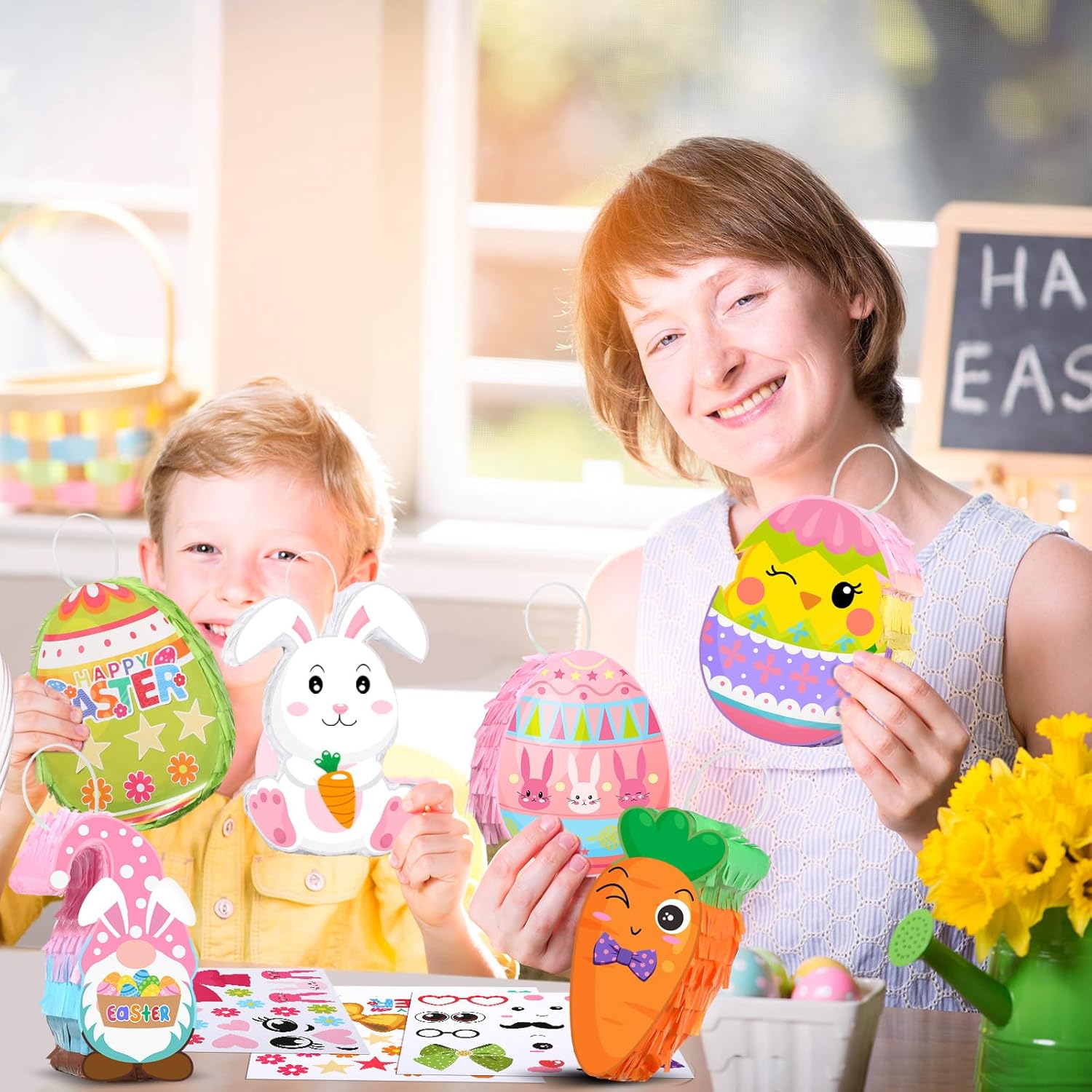 6 Set DIY Easter Mini Pinata Bulk with Stickers Easter Egg Bunny Gnome Carrot Party Pinata Table Decoration for Easter Basket Stuffers Birthday Baby Shower Party Supplies, 4.3 x 5.9 Inch