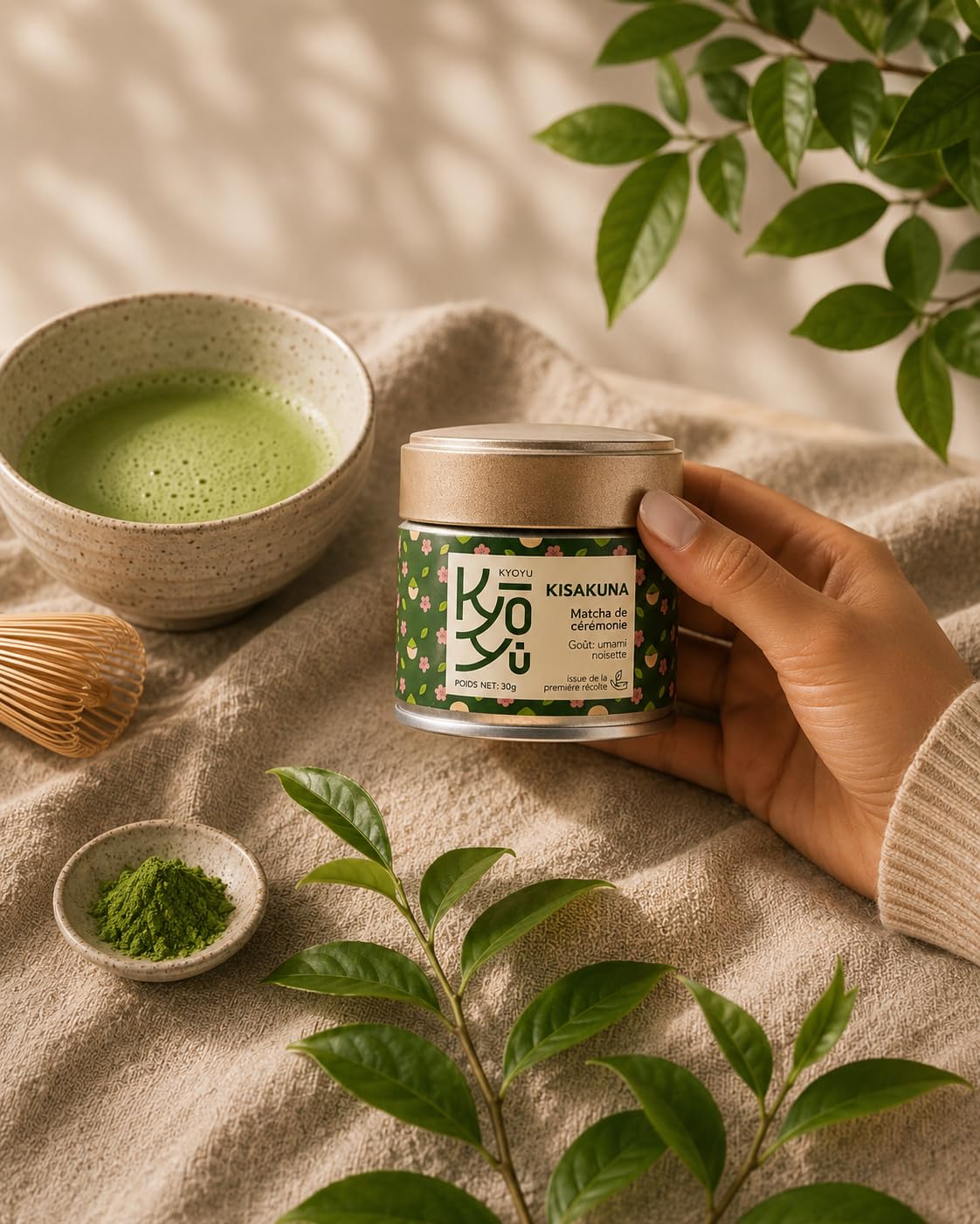 Matcha Japonais Grade Cérémonial – Issu de Tencha cultivé à Yame (Kyushu) – Notes Umami & Noisette – 30g – Kyoyu Kisakuna