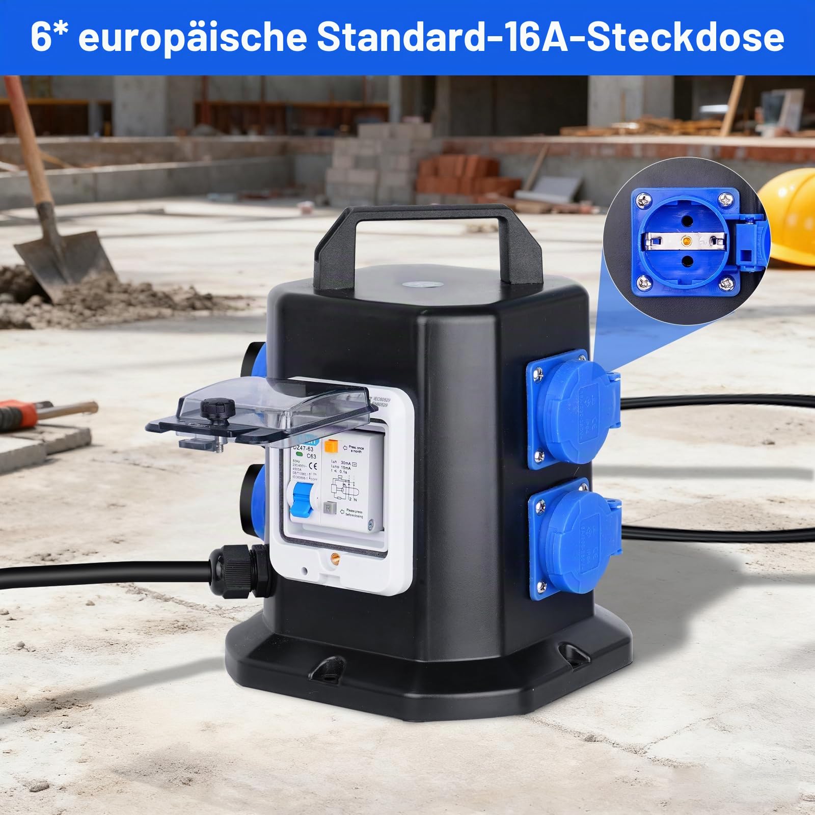 Tragbarer Stromverteiler mit Schuko Steckdose 250V/16A Mobiler Adapter,Wasserdicht IP45 Verteiler – Ideal für den Bau und den Außenbereich