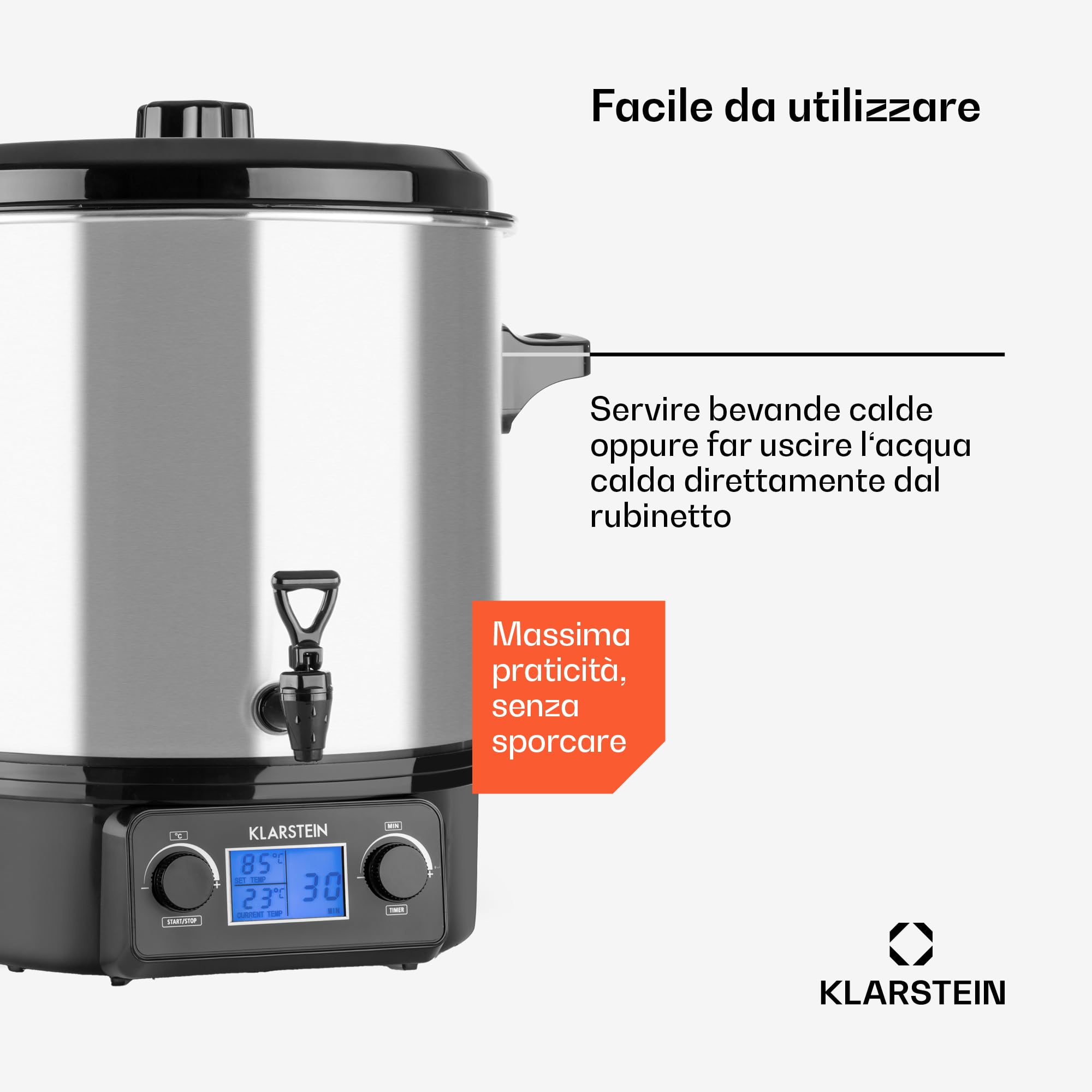 Klarstein Biggie Digital - pentola da infusione, pentola da conserva, apparecchio per il vin brulé, 27 litri, 2 w, temperature programmabile, tempo regolabile a 12 minuti, argento