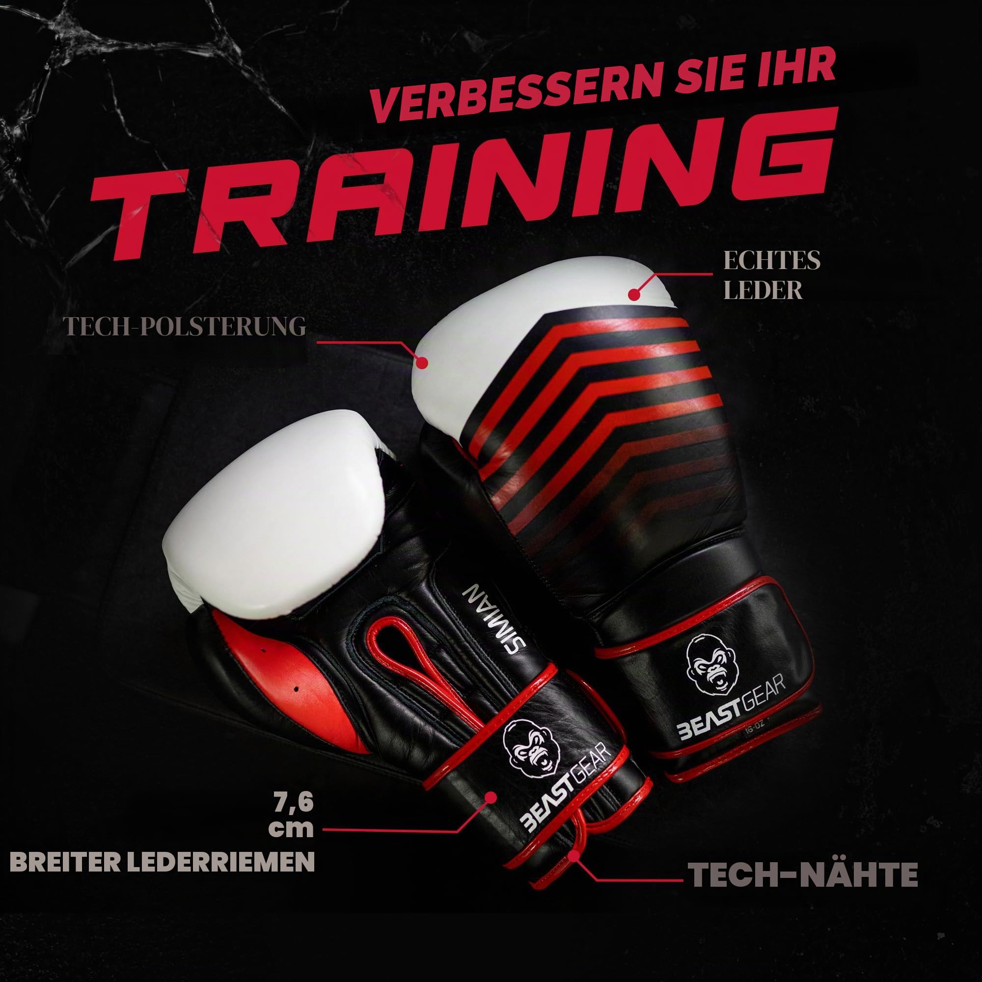 Beast Gear - Boxhandschuhe Simian - Echtes Rindsleder Trainingshandschuhe - Für Boxsack, Pratzen, Sparring