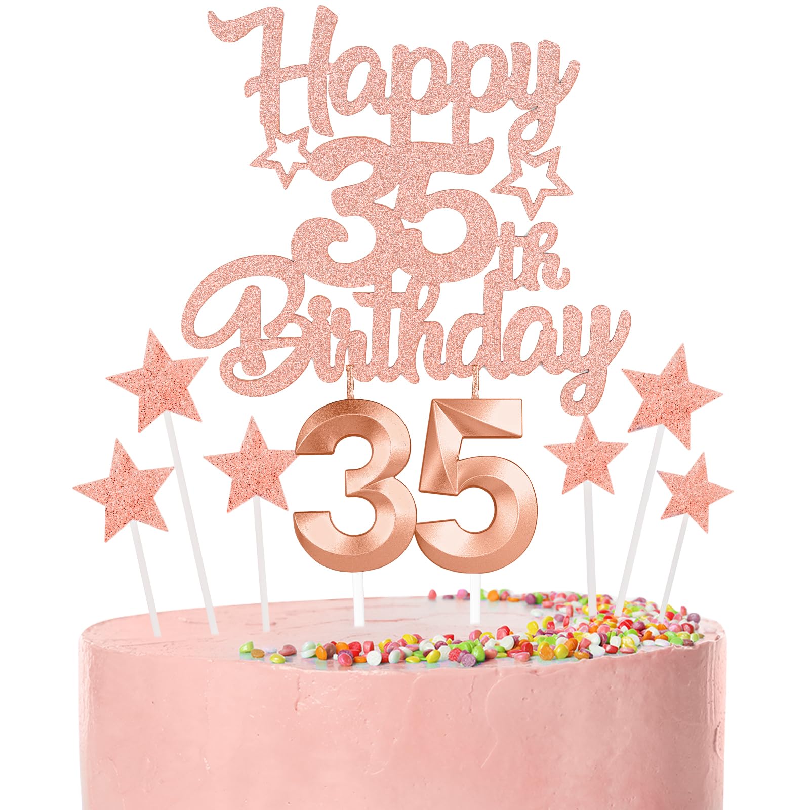 Rose Gold Happy 35th Birthday Candles Cake Topper Set,Rose Gold Number 35 Birthday Candles with Rose Gold 35th Birthday Cake Toppers Star Cupcake Toppers for Men Women Birthday Anniversary Decor