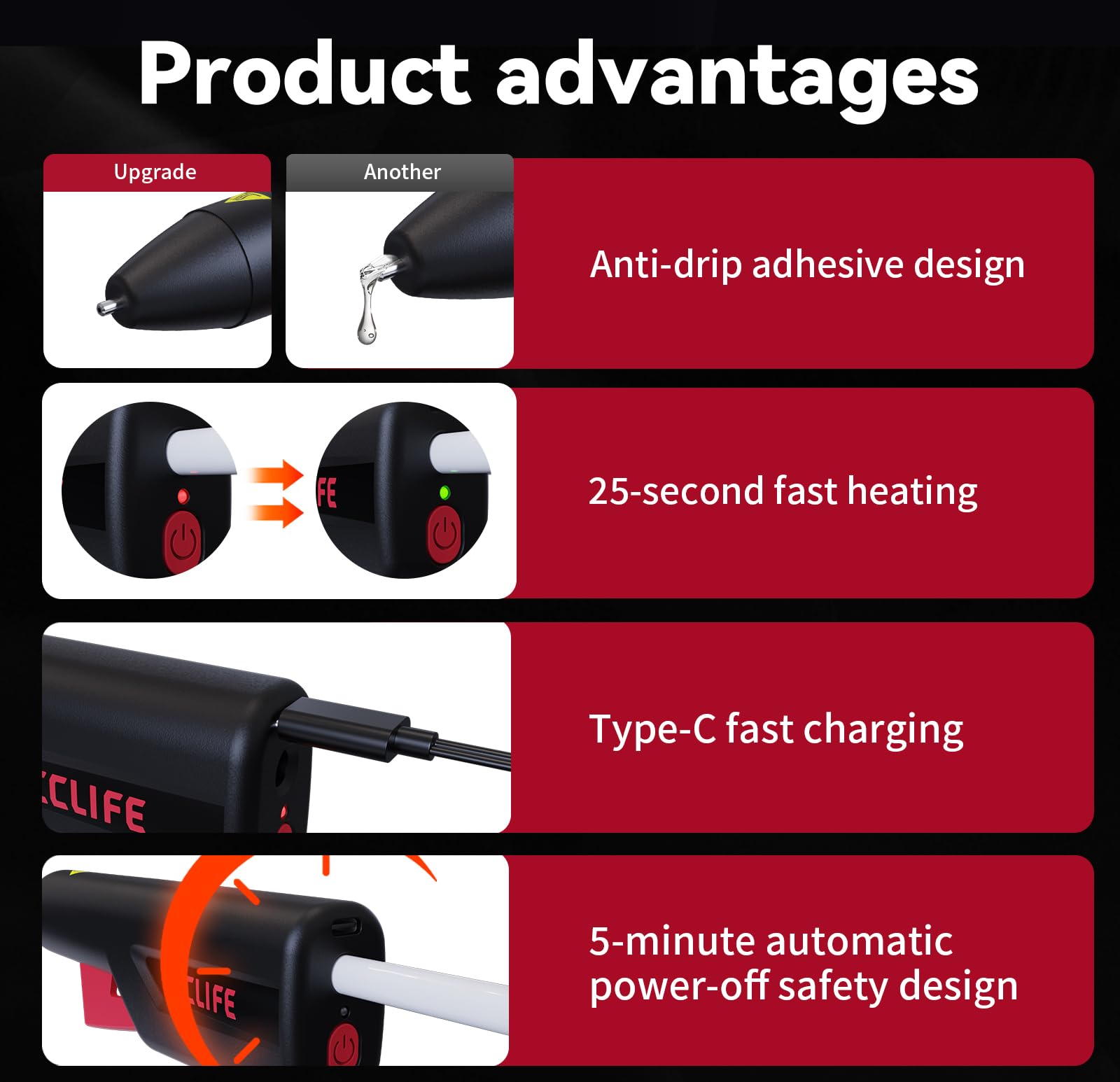 CCLIFE Pistola per colla a caldo a batteria, 7,2 mm, 30 bastoncini di colla