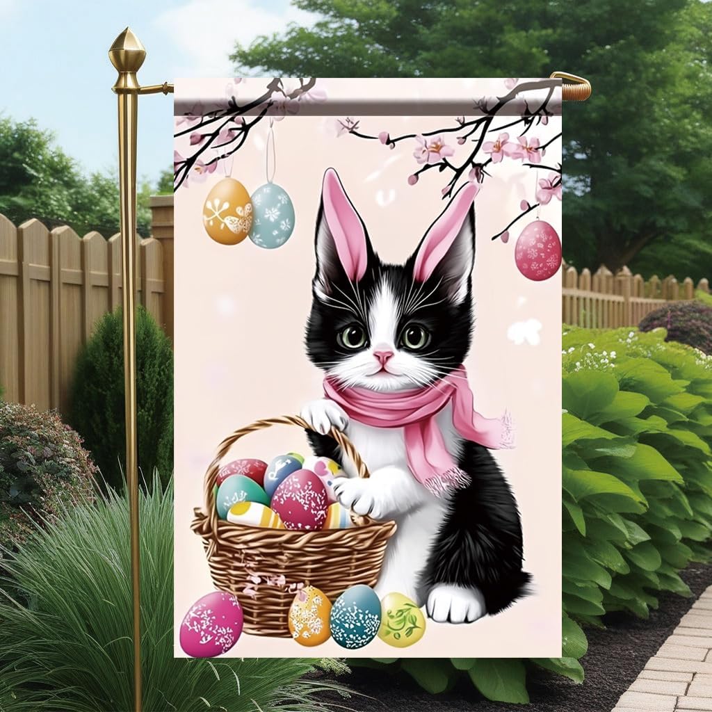 Easter Cat Garden Flag 12x18 Inch Double Sided Outdoor Yard Banner with Bunny EarsKitten and Easter Eggs Spring Basket Design for Patio Lawn Porch Holiday Decoration Decor - Image 5