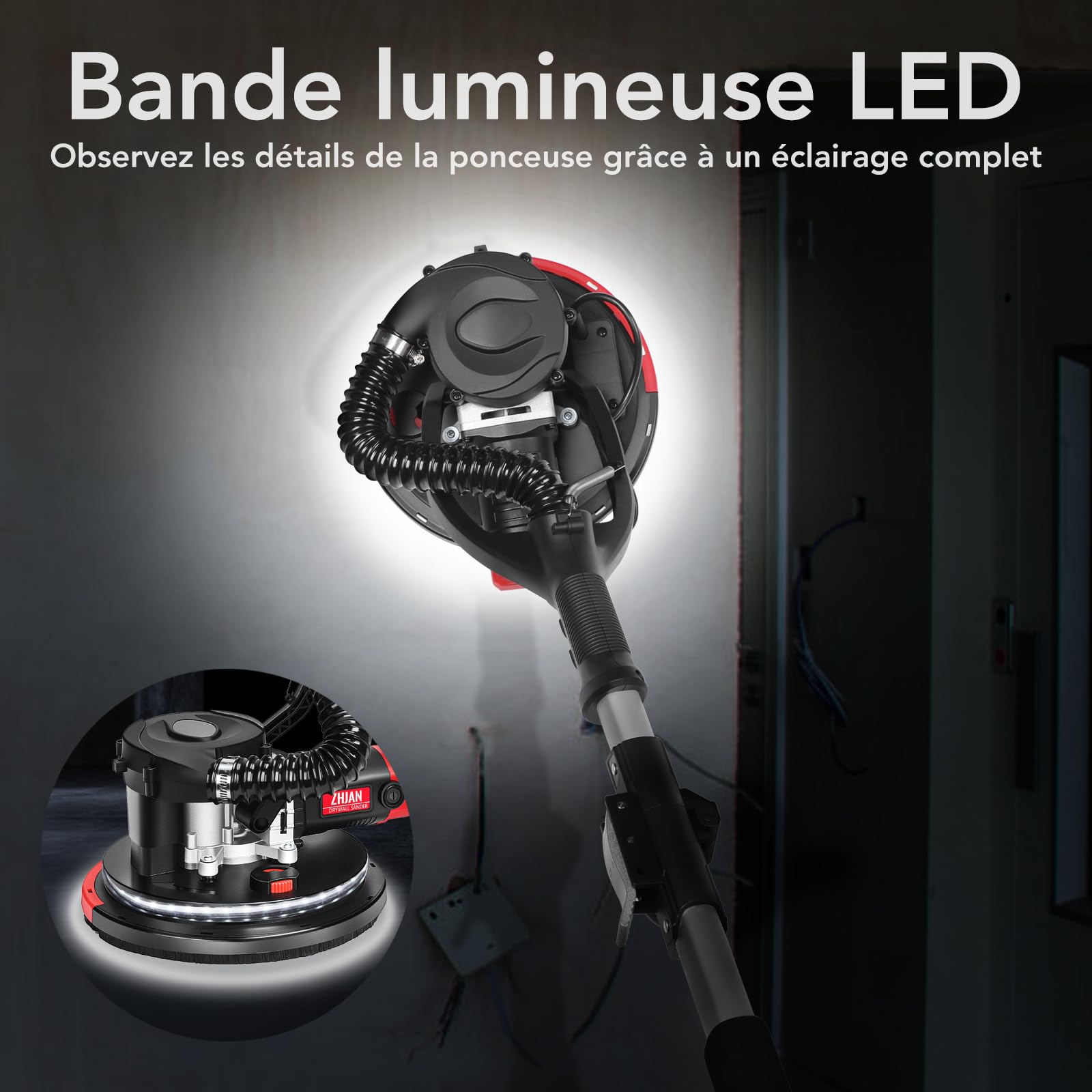 Ponceuse Girafe (880W) avec Aspiration de Poussière,1000-2100 RPM 5 Vitesses,Polissage en Angles Morts, Manche Télescopique,LED,Outil de Retrait de Plafond Popcorn【Compatible Aspirateurs】