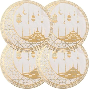 Sanfly Ramadan Placemat 4pcs Eid Mubarak Placemat Gold Moon Star Dining Table Place Mat for Islam Muslim Festival Party