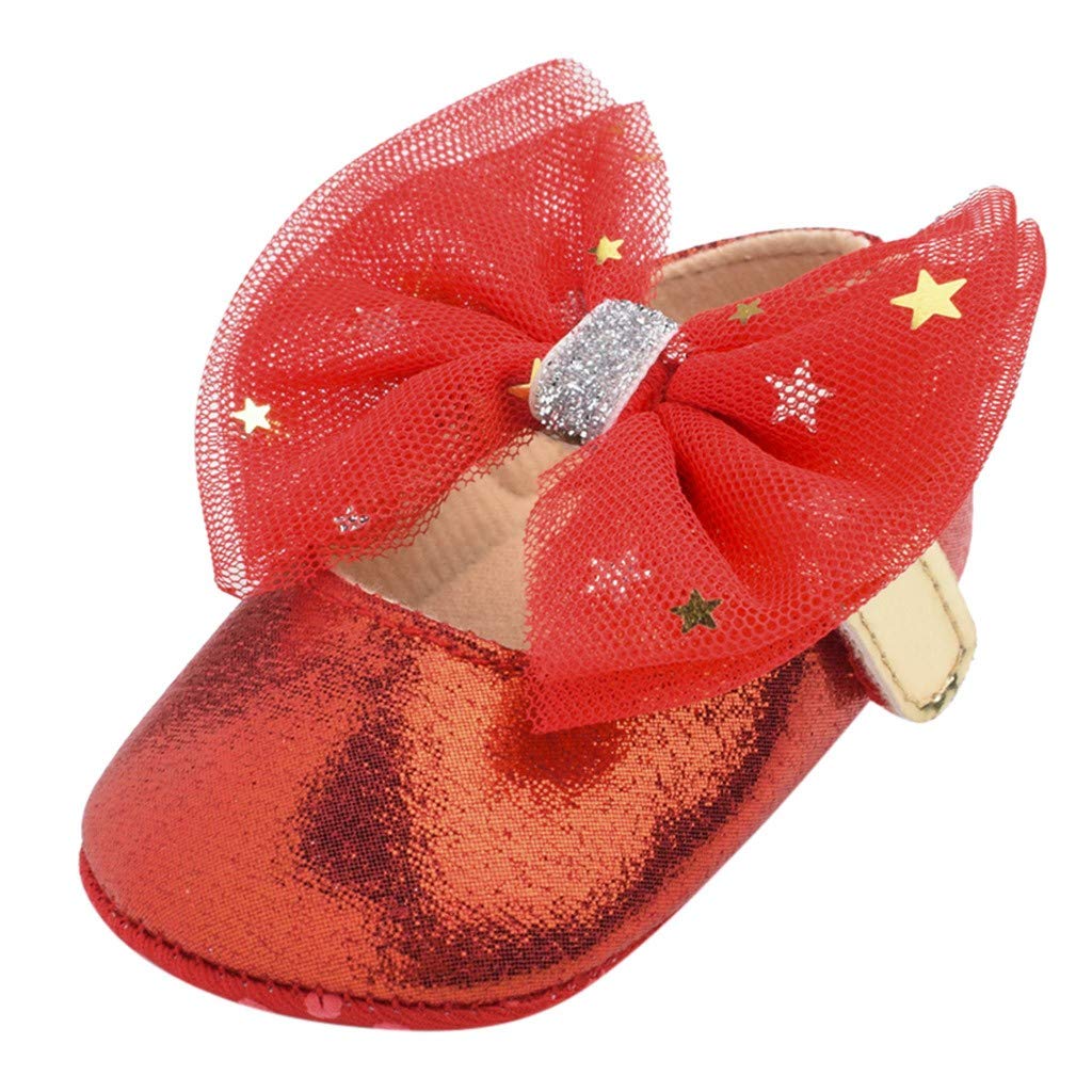 Baby Girls Solid Color Sequin Bow Knot Prewalkers Newborn Soft Sole Slip On Anti-slip Princess Shoes First Walking Shoes Ballet Shoes for 0-12 Months