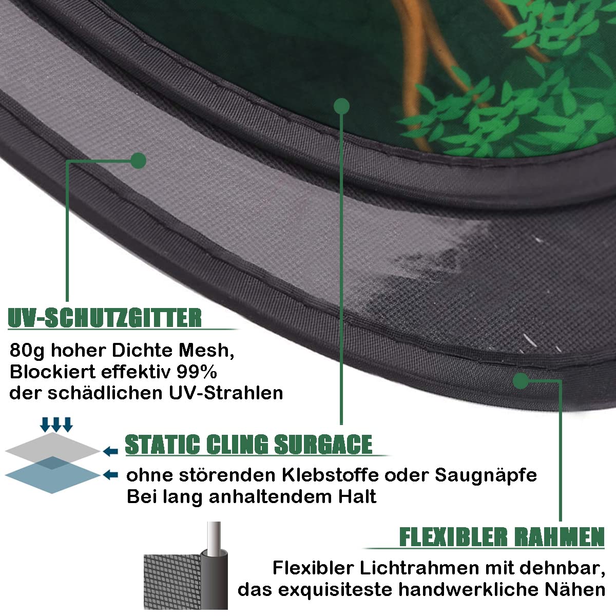 TBoonor Tendine Parasole Auto Bambini 51 x 31 cm Parasole Bambini Auto Tendine sole Auto Bambini con Protezione UV Set di 2 copri finestrini auto (1-Verde)