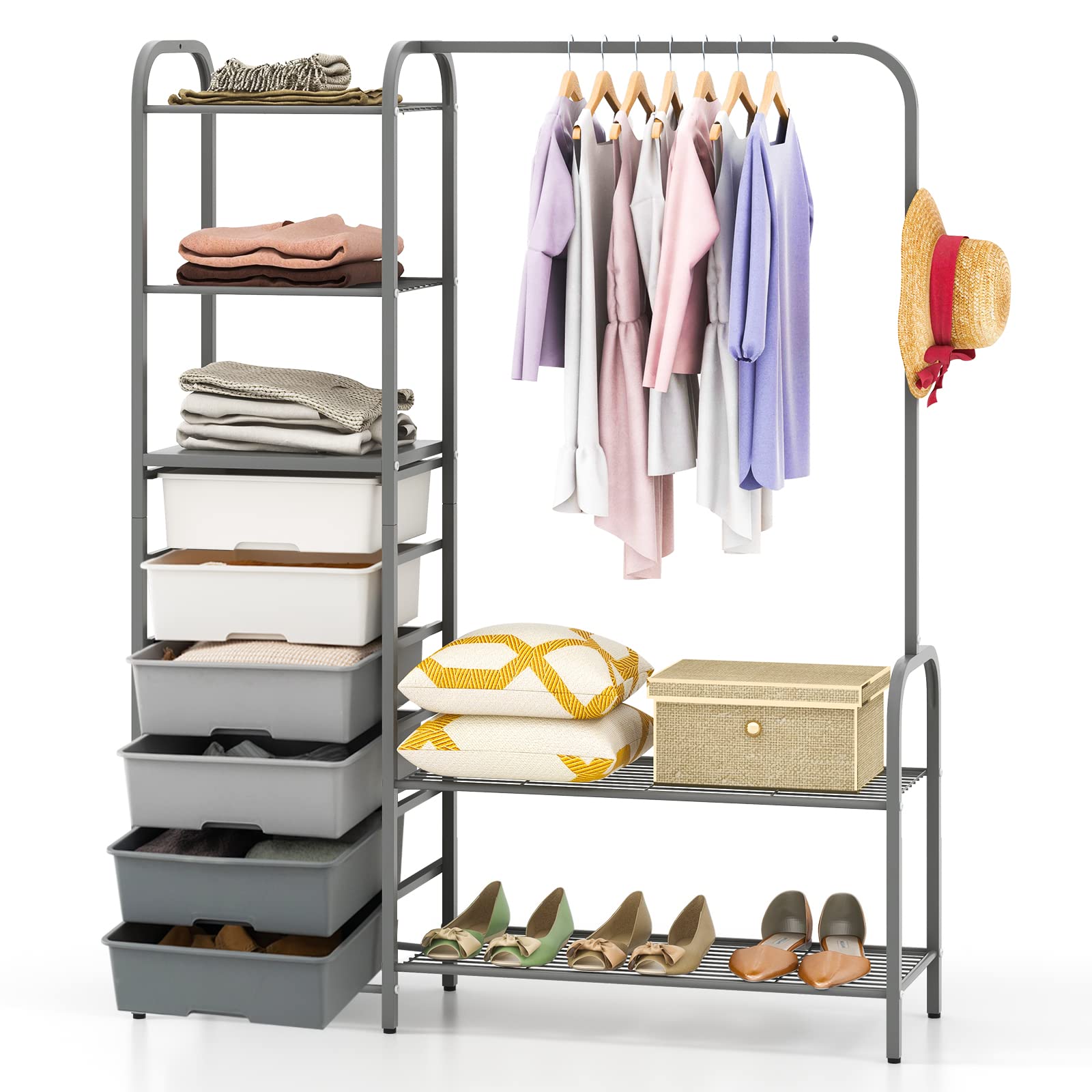 COSTWAY Metal Clothes Rail Stand, Heavy Duty Garment Rack with 6 Drawers, 3 Open Shelves, Shoe Racks, Hanging Rail and Hook, Freestanding Clothing Hanger Storage Organiser for Bedroom Closet Wardrobe