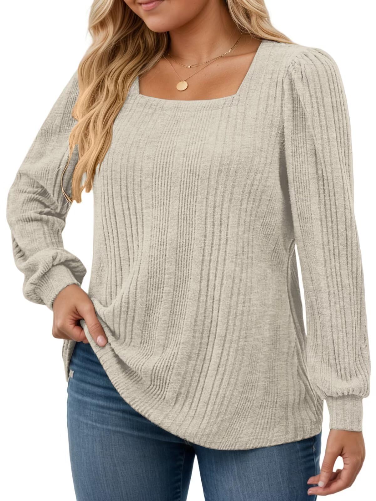 VISLILY Womens-Plus-Size-Long-Sleeve-Tops Cute Square Neck Lightweight Sweaters Casual Loose Fit Shirts Trendy Blouses Tunics